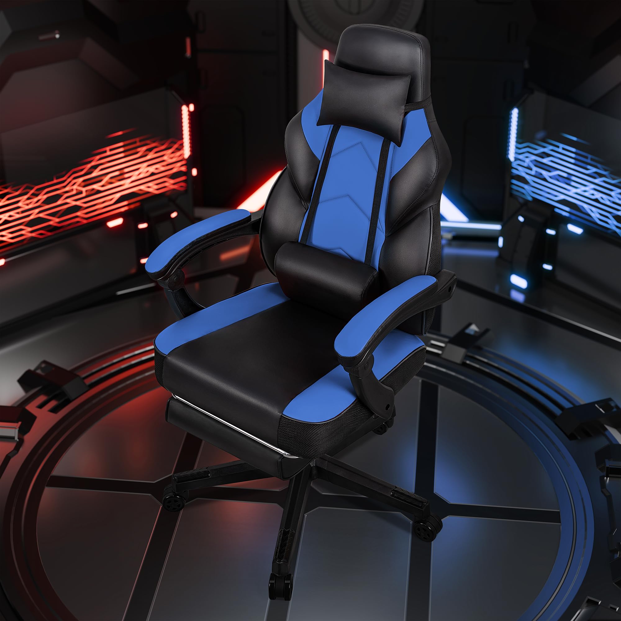SUNLEI Ergonomic Gaming Chair for Adults - PU Leather Office Chair with Adjustable Headrest & Footrest, Massage Lumbar Support, 360° Swivel & Height Adjustment - Perfect for PC Gaming, Home Office & Workstations (Blue)