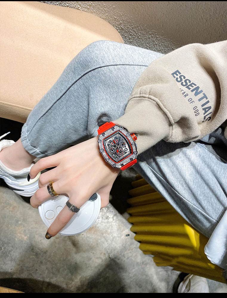 Gosasa Men's Luxury Diamond Tonneau Watch - Analog Chronograph with Date Calendar, Large Rectangle Face & Silicone Strap - Perfect for Business, Dress & Work Attire | Elegant Gift for Professionals & Watch Collectors