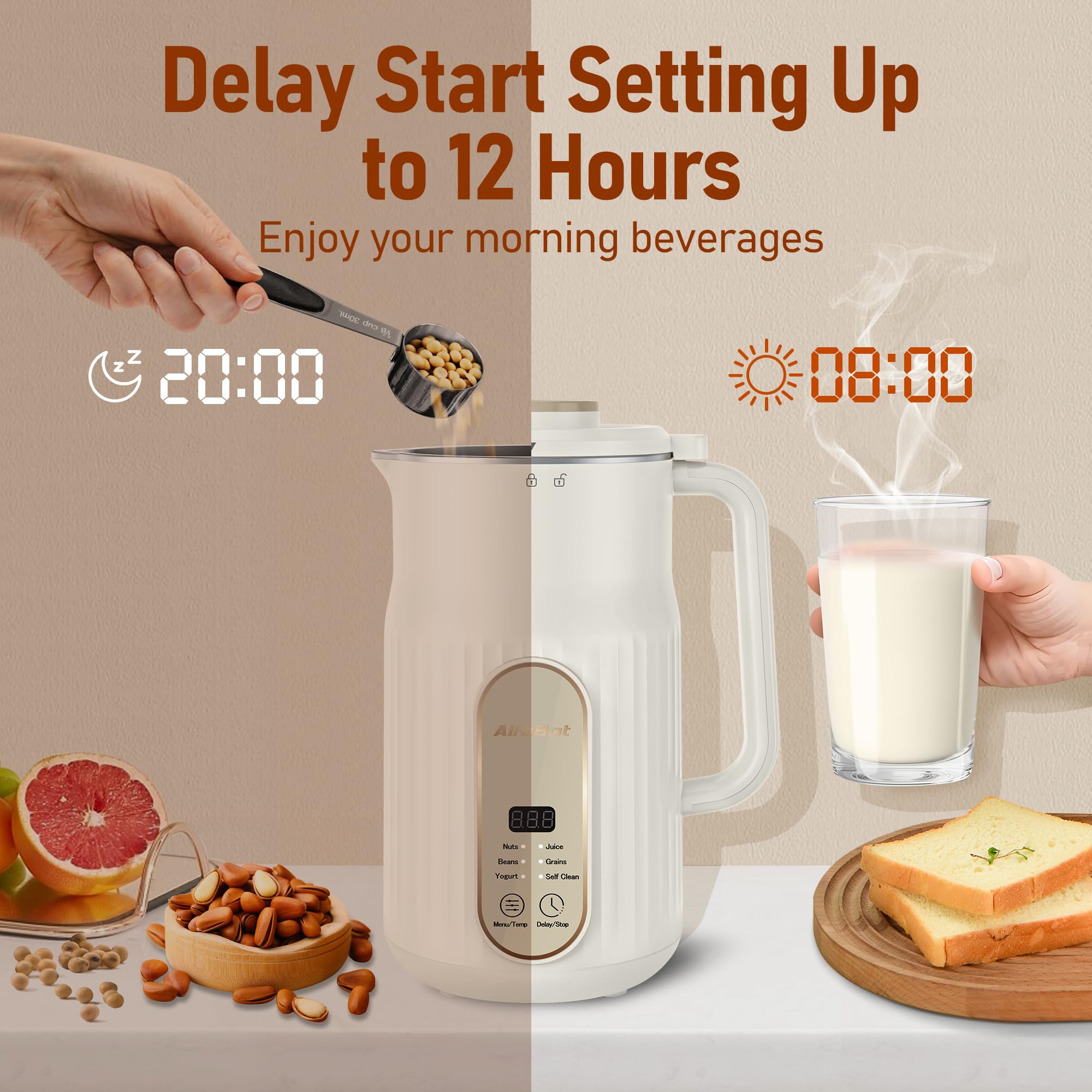 AlfaBot N2 Automatic Nut Milk Maker Machine - 5 Modes for Homemade Almond, Oat, Soy Milk & Yogurt - 35OZ Large Capacity with Delay Setting & Self-Cleaning (White) - Perfect for Vegan, Keto & Healthy Lifestyle Breakfasts
