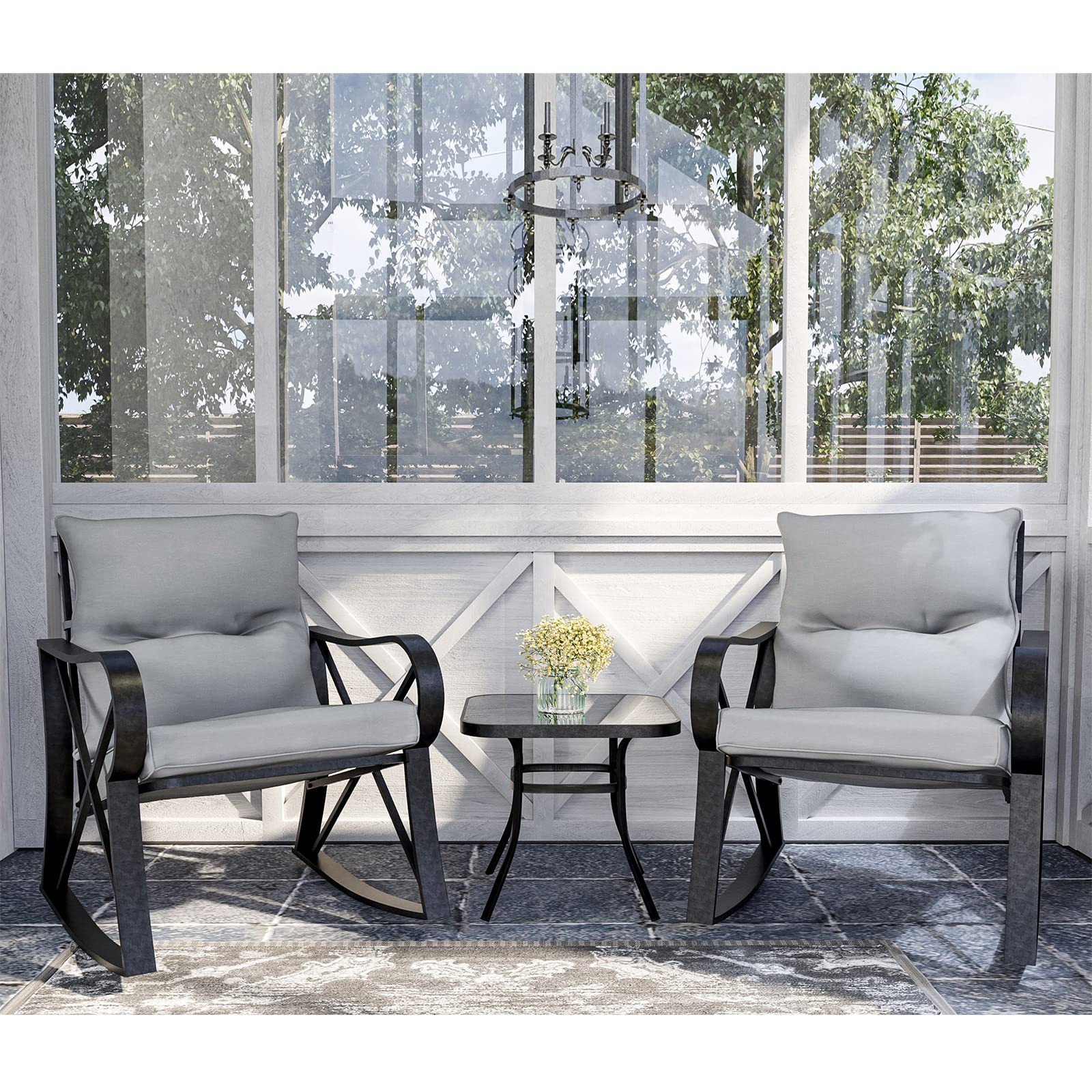 AQUILLA 3-Piece Outdoor Patio Rocking Set with Metal Frame & Tempered Glass Table - Light Gray Cushioned Bistro Set for Garden, Backyard, Porch - Perfect for Relaxing, Entertaining & Outdoor Dining