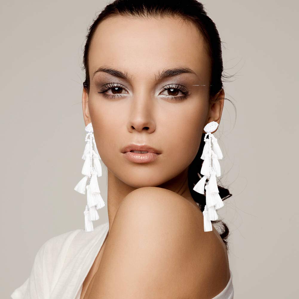 Treeable Long Tassel Earrings for Women - Large Boho Statement Fringe Chandelier Dangle Earrings, Big Bohemian Drop Earrings for Party & Daily Wear (Long White Tassel Fringe Earrings) | Perfect for Festivals, Weddings, and Boho Fashion Outfits