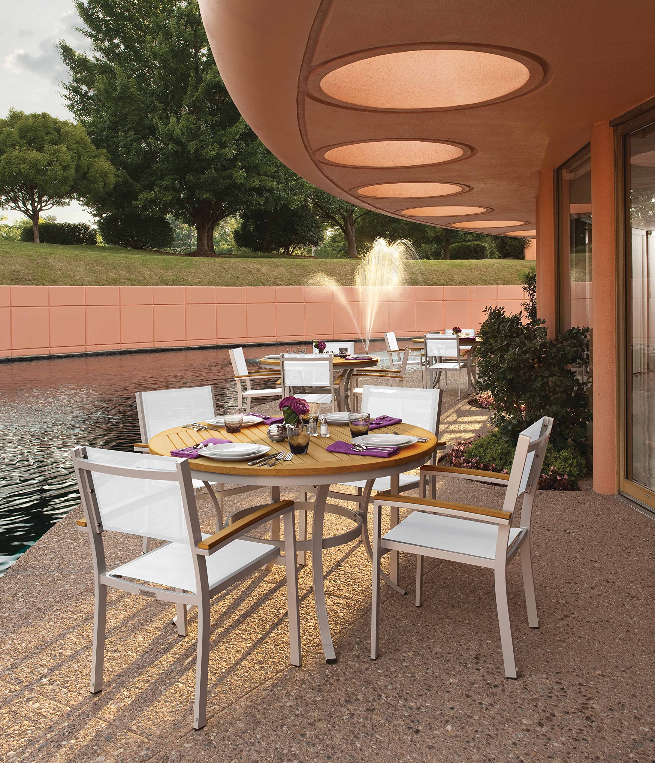Travira 5-Piece Round Dining Set with Sling Chairs - Natural Tekwood Table & Sling Chairs for Outdoor Patio, Garden, or Backyard Relaxation