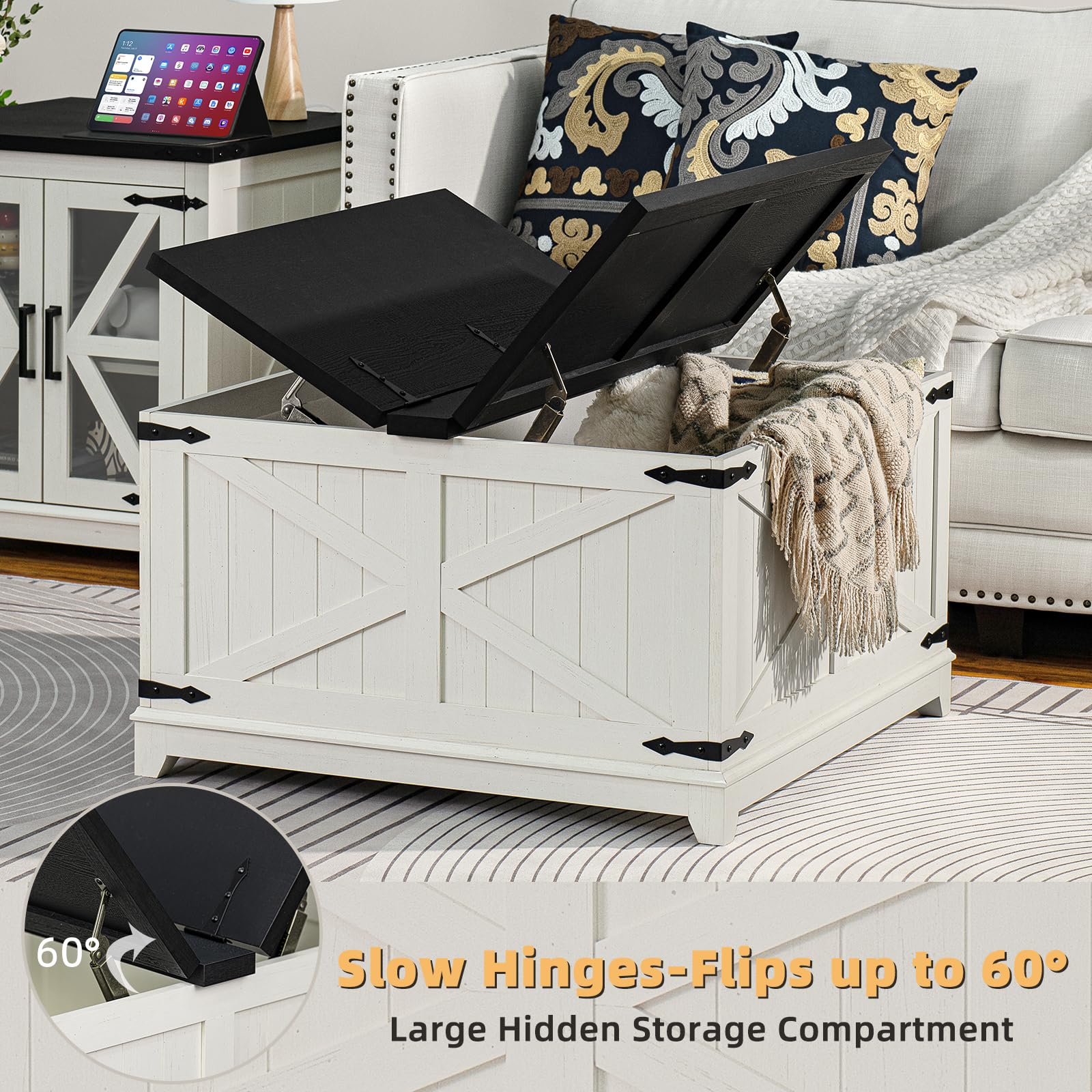 Farmhouse Coffee Table Set of 3 with Charging Station & Hidden Storage - Rustic 3-Piece Living Room Furniture for Home & Office - Perfect for Family Gatherings & Remote Work