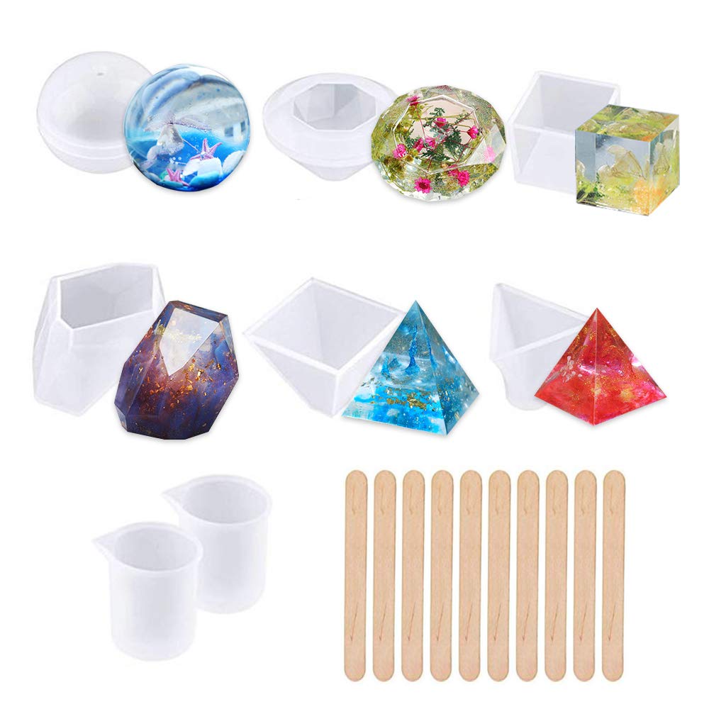 Premium 18Pcs Silicone Resin Molds Set for DIY Crafts - Diamond, Sphere, Cube, Pyramid & Stone Shapes with Mixing Cups & Wood Sticks - Perfect for Home Decor, Jewelry Making, Candle Holders & Epoxy Art Projects