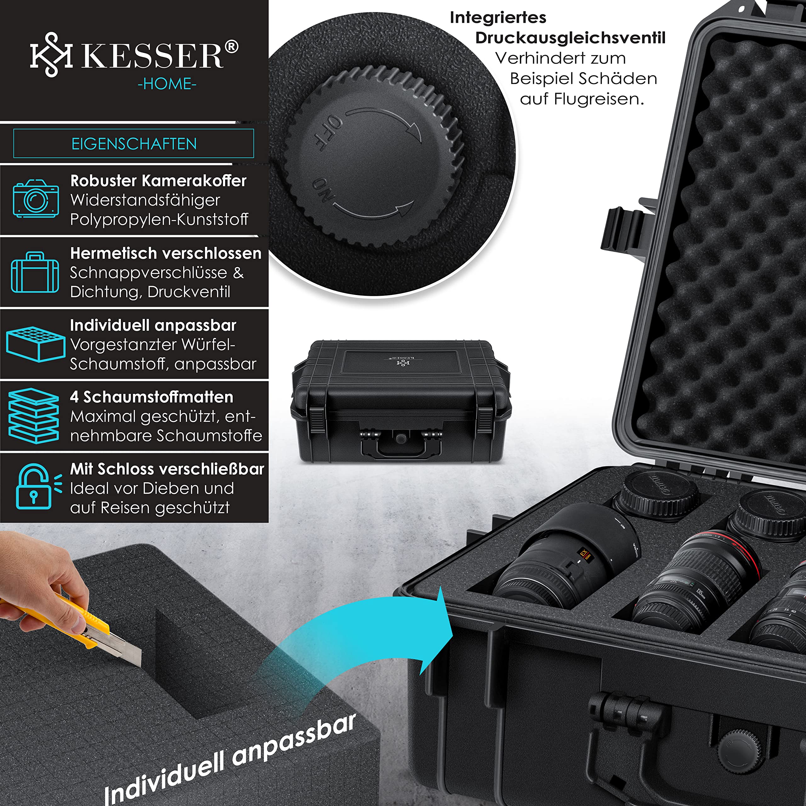 **KESSER® Professional Camera Case - Large Black Protective Foam Padded Carrying Case for DSLR & Mirrorless Cameras - Perfect for Travel, Photography & Outdoor Adventures**