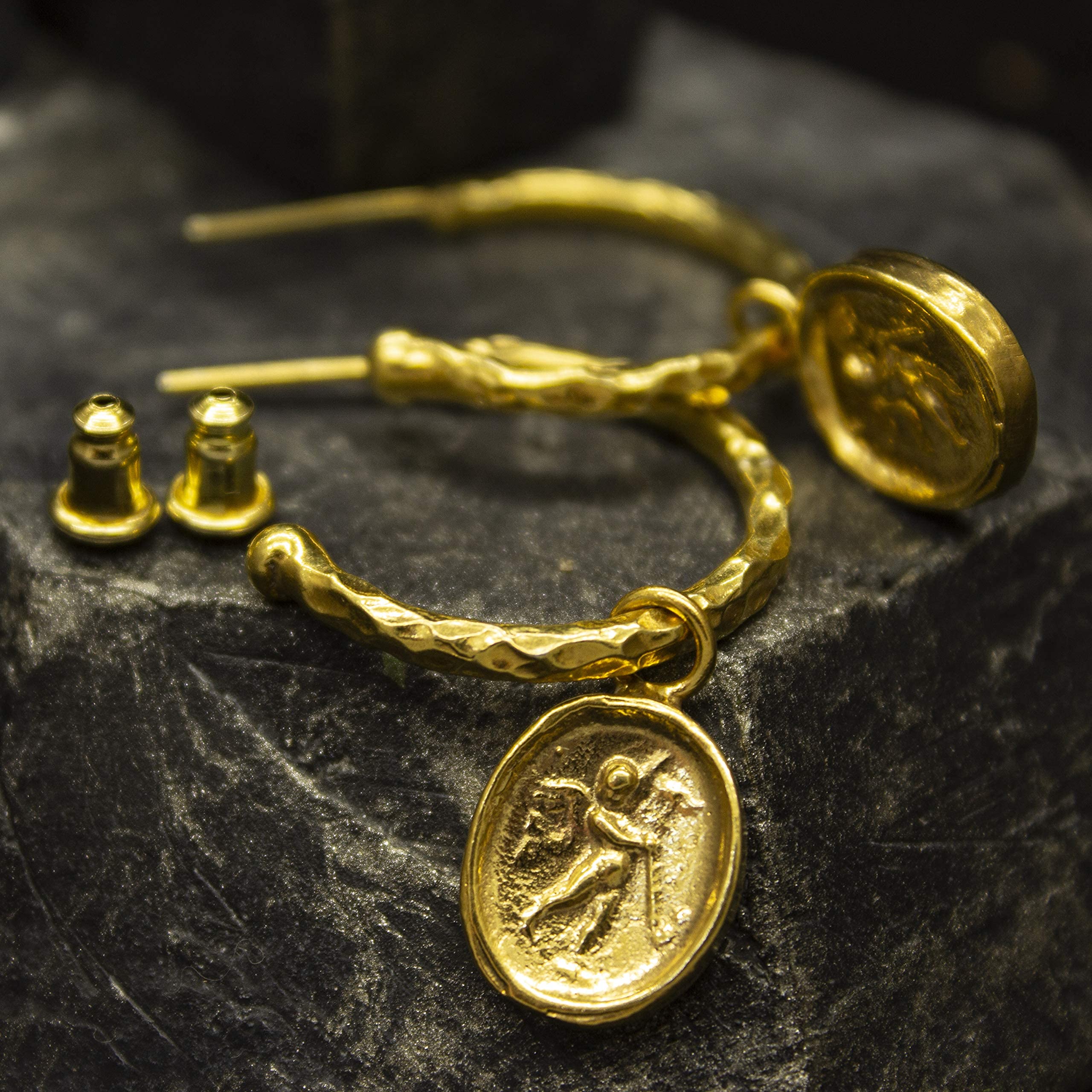Guardian Angel Charm Hoop Earrings for Women - 24K Gold Plated 925 Sterling Silver Greek Signet Coin Jewelry - Roman Angel Wing Earrings by Pellada - Perfect Gift for Birthday, Christmas & Special Occasions