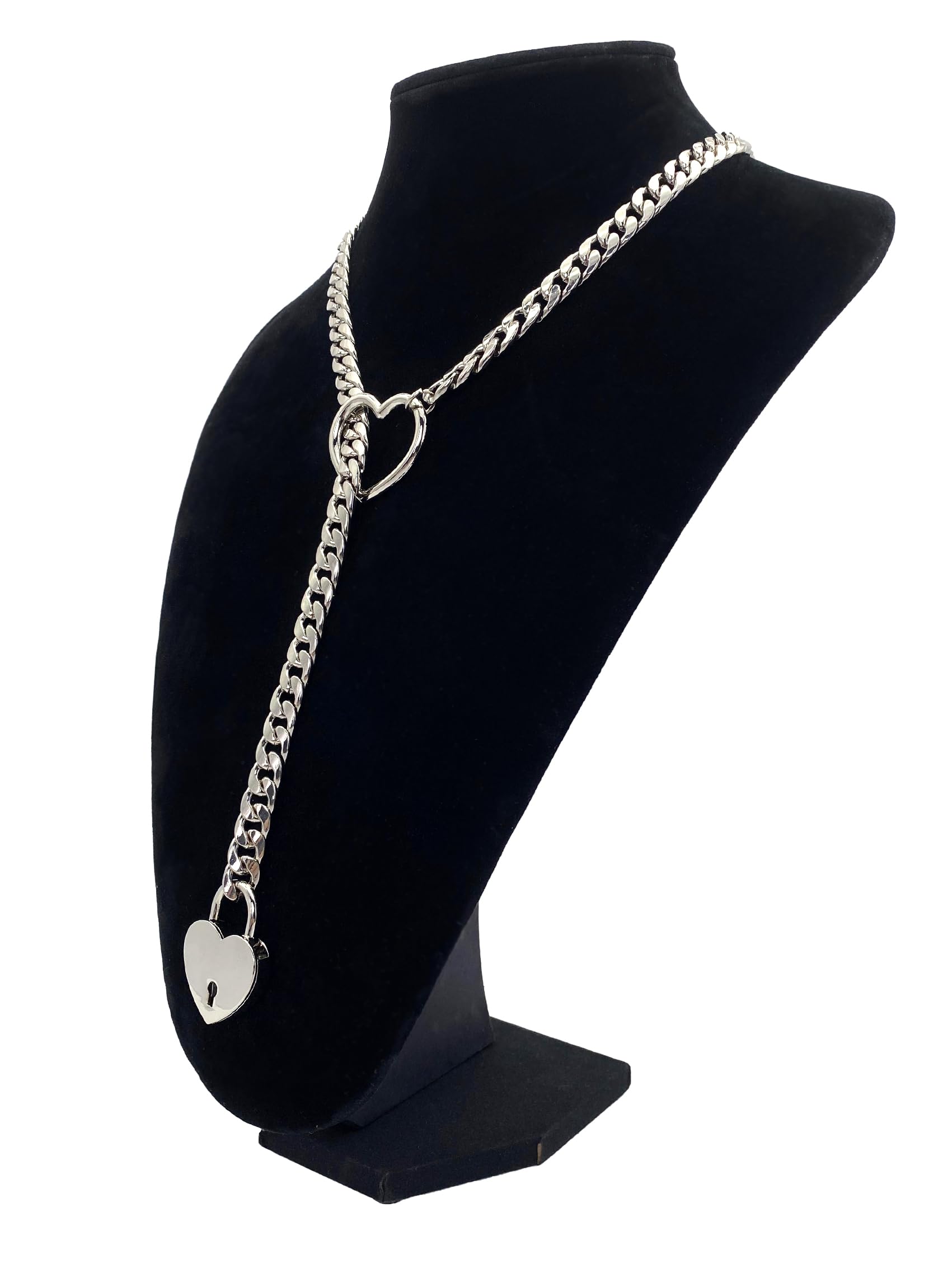 Paloli Women's Punk Rock Cuban Chain Necklace - Adjustable Lariat Y-Necklace with Heart Locker & Key - Perfect for Rock Concerts, Date Nights & Boho Fashion