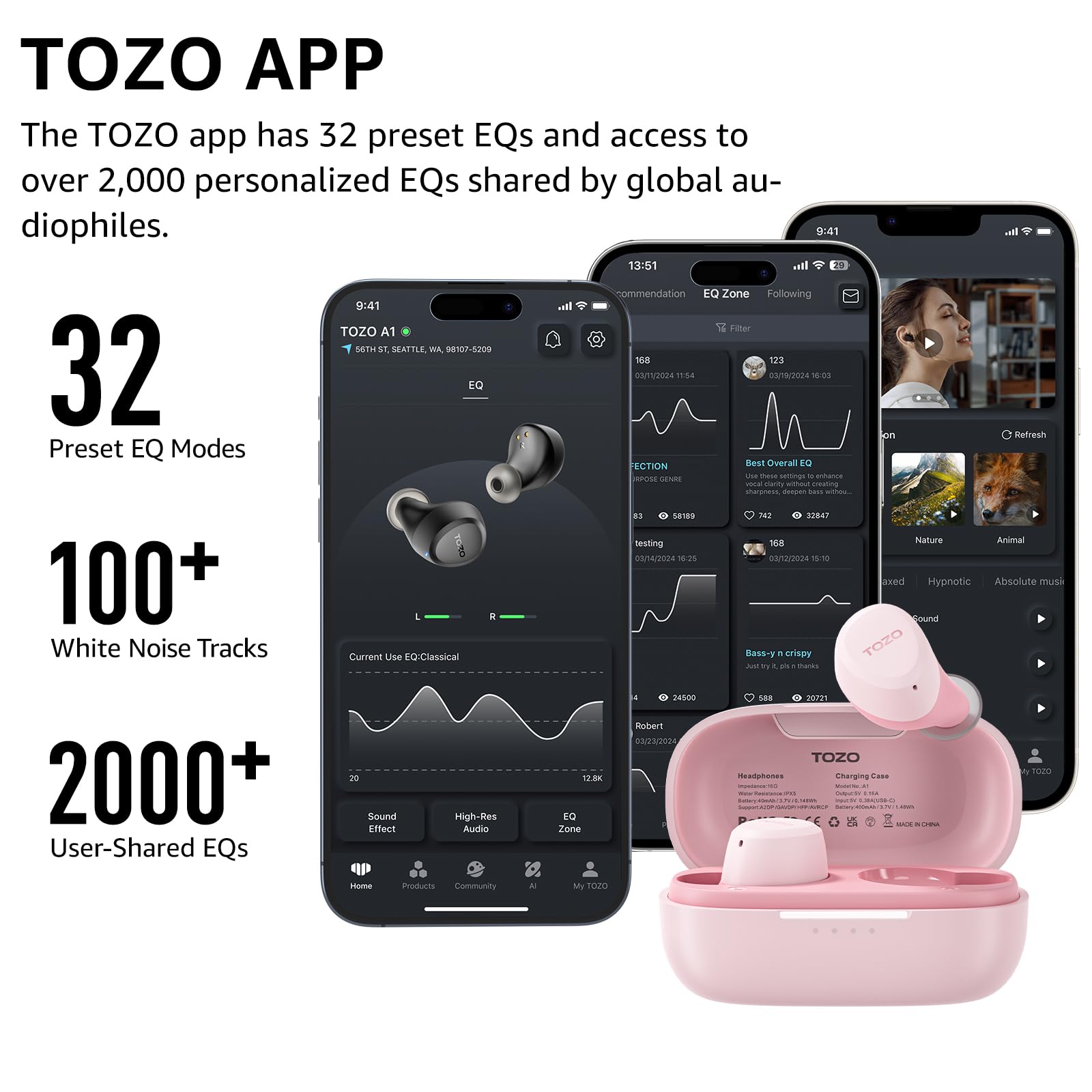 TOZO A1 Wireless Earbuds Bluetooth 5.3 - Lightweight IPX5 Waterproof Headphones with 2 Mics for AI Calls, Premium Bass Sound & 32 EQ Presets via App - Perfect for Gym, Running, Work & Travel