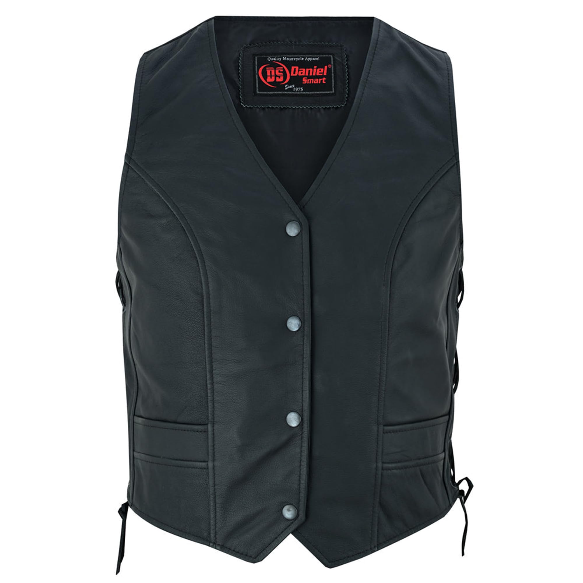 Daniel Smart Women's Black Leather Biker Vest with Stylish Side Laces & Concealment Armory Pocket - Perfect for Motorcycle Riding, Outdoor Adventures & Fashion Streetwear
