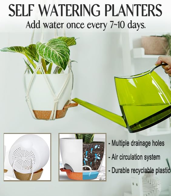 **Macrame Plant Hangers with Self-Watering Pots - 3-Piece Set for Indoor & Outdoor Plants (Small, Medium, Large) - Perfect for Balconies, Patios, and Home Decor**