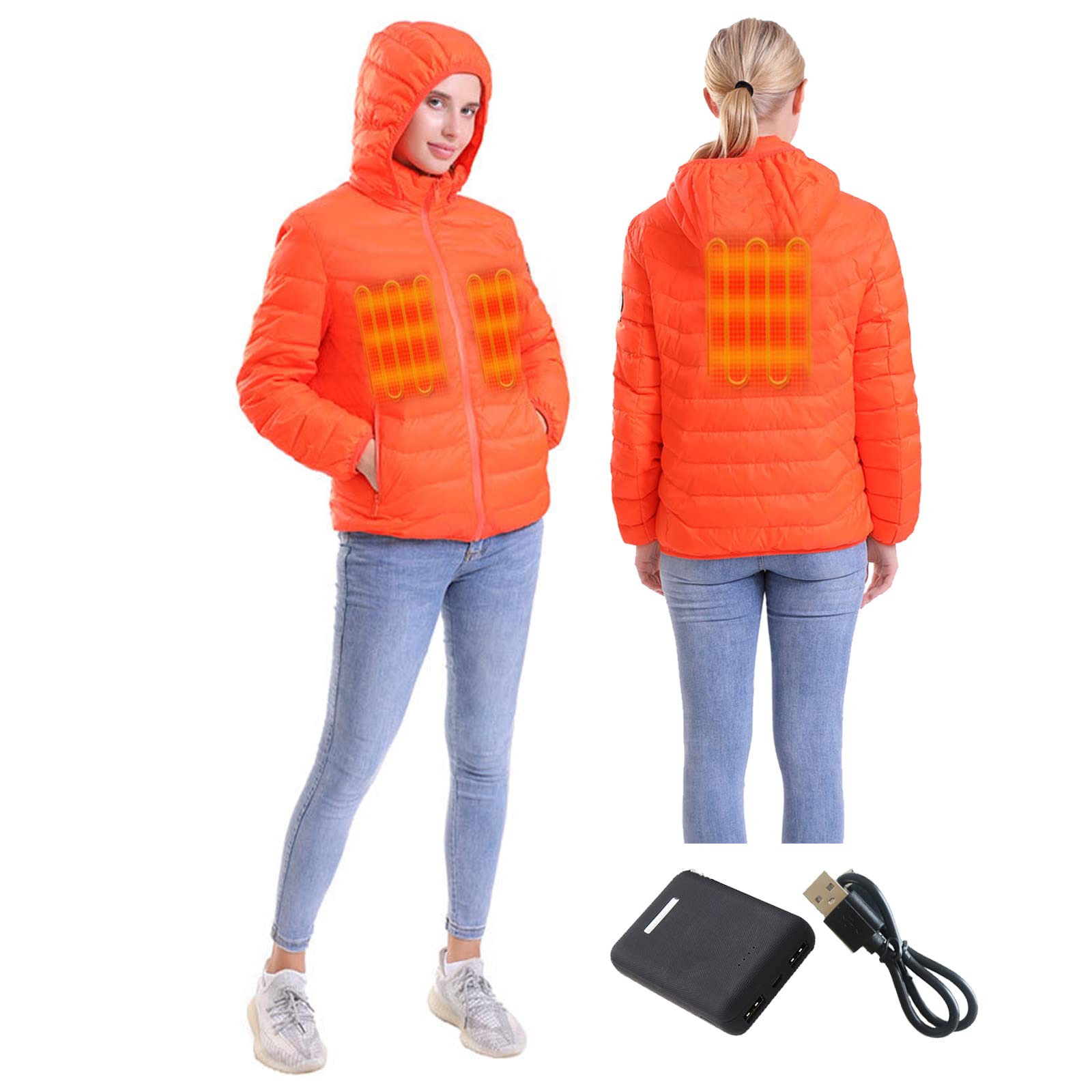 TOYOMO Women's Heated Down Puffer Jacket with Battery Pack - 90% Down Filling, Detachable Hood - Warm Winter Coat for Skiing, Hiking, Snowboarding & Outdoor Activities