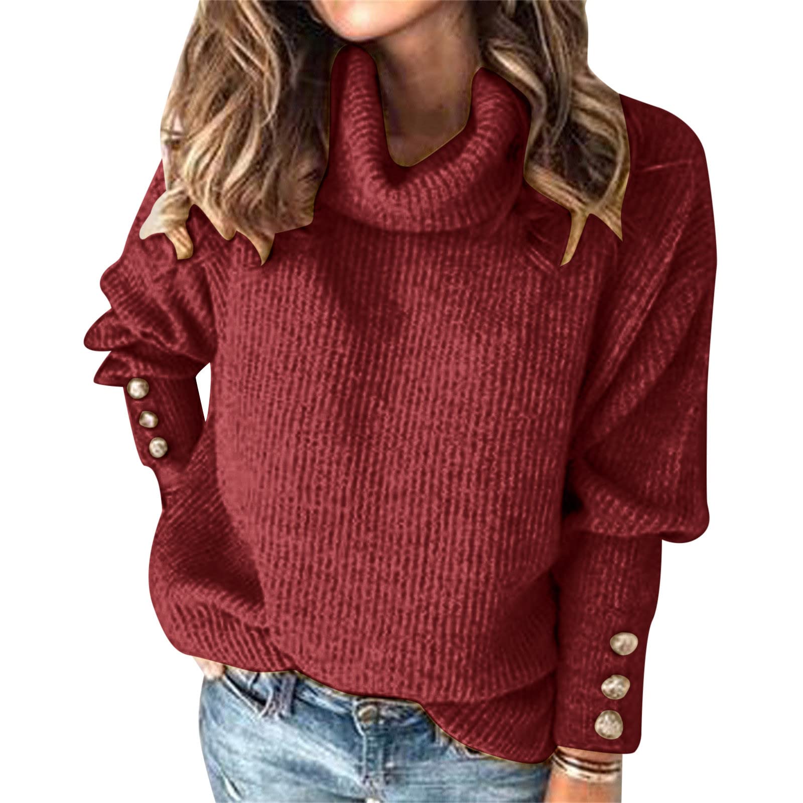 Women's Solid Color Turtleneck Sweater Top - Long Sleeve Button-Up Casual Blouse for Fall & Winter | Office Wear, Date Night, Layering Outfits