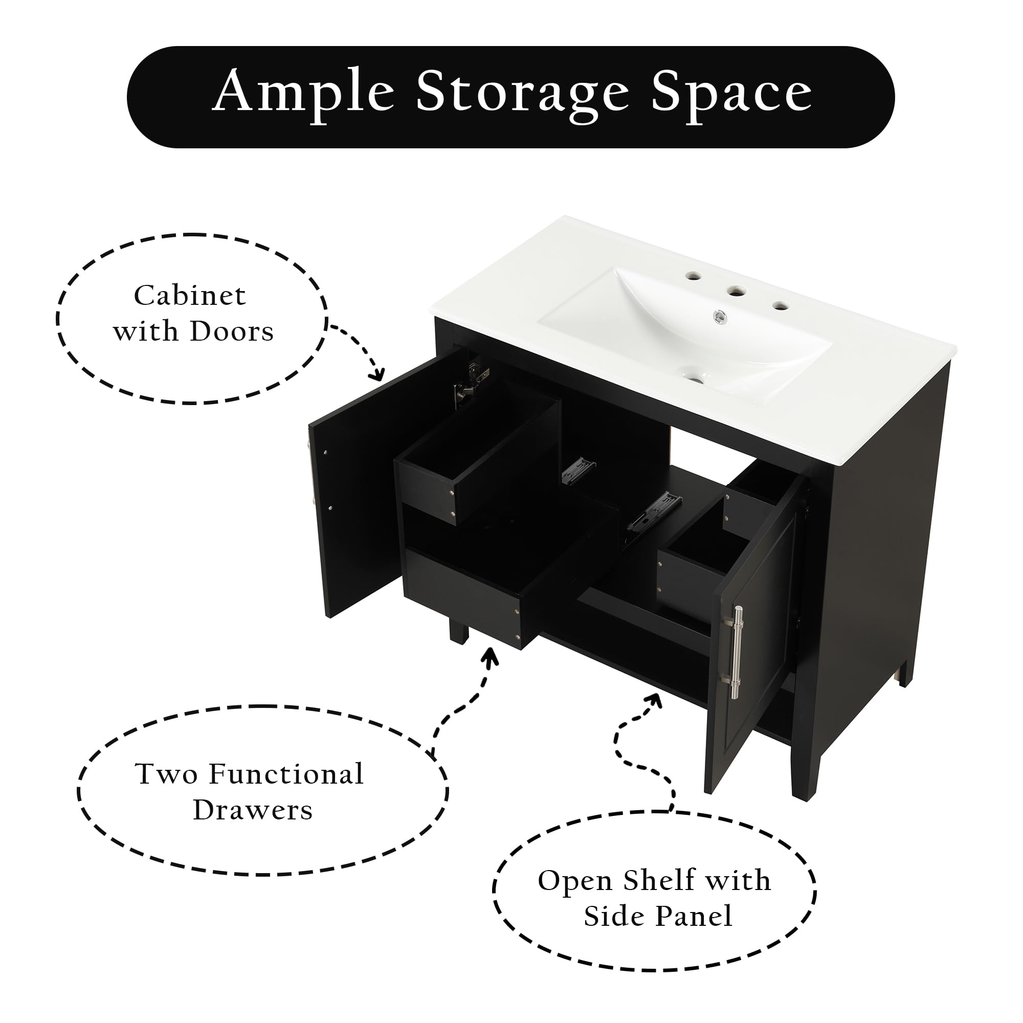 36 Inch Modern Bathroom Vanity with Ceramic Sink - Solid Wood Freestanding Vanity with 2 Pull-Out Drawers, Storage Racks & Open Shelf - Perfect for Small Bathrooms, Powder Rooms & Master Bath Suites