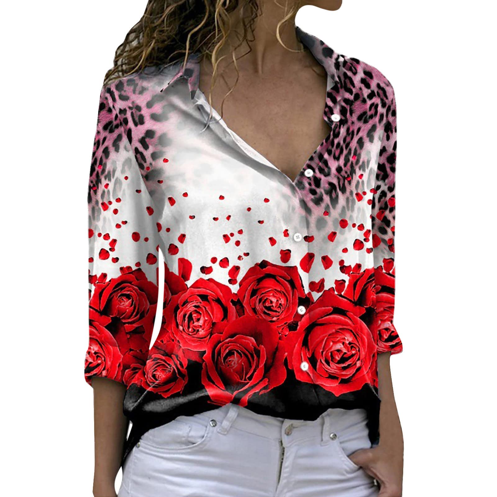 Women's Leopard Rose Print Blouse - Elegant Long Sleeve Lapel Button Shirt & Short Sleeve Top for Work, Party, and Casual Wear