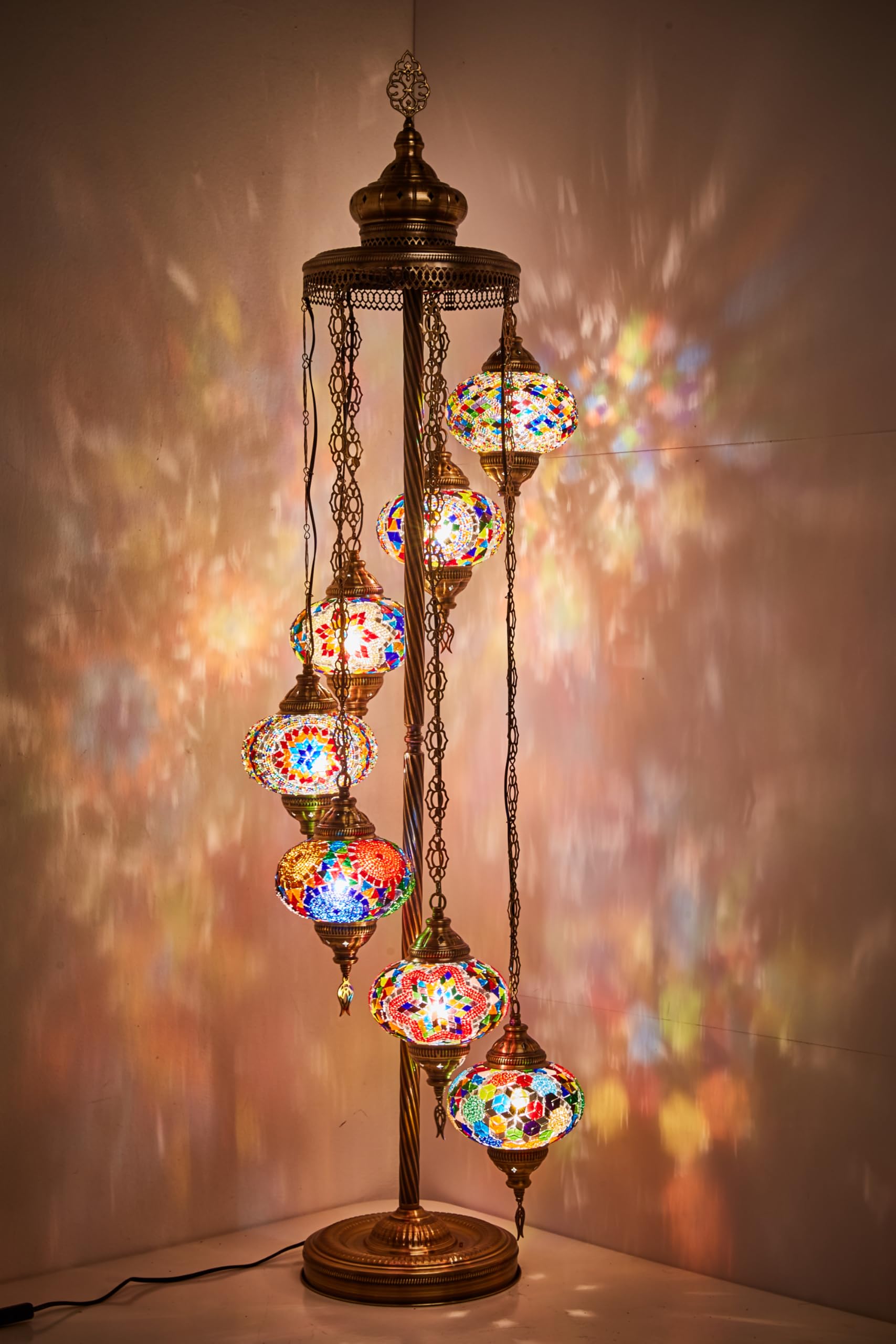 DEMMEX - 7 Large Handcrafted Turkish Moroccan Mosaic Floor Lamp, 5-Foot Tall Tiffany-Style Bohemian Standing Lamp with 7-Inch Glass Globes, Boho Chic Lighting for Living Room, Bedroom & Office - Perfect for Cozy Reading Nooks, Meditation Spaces and Bohemian Home Decor