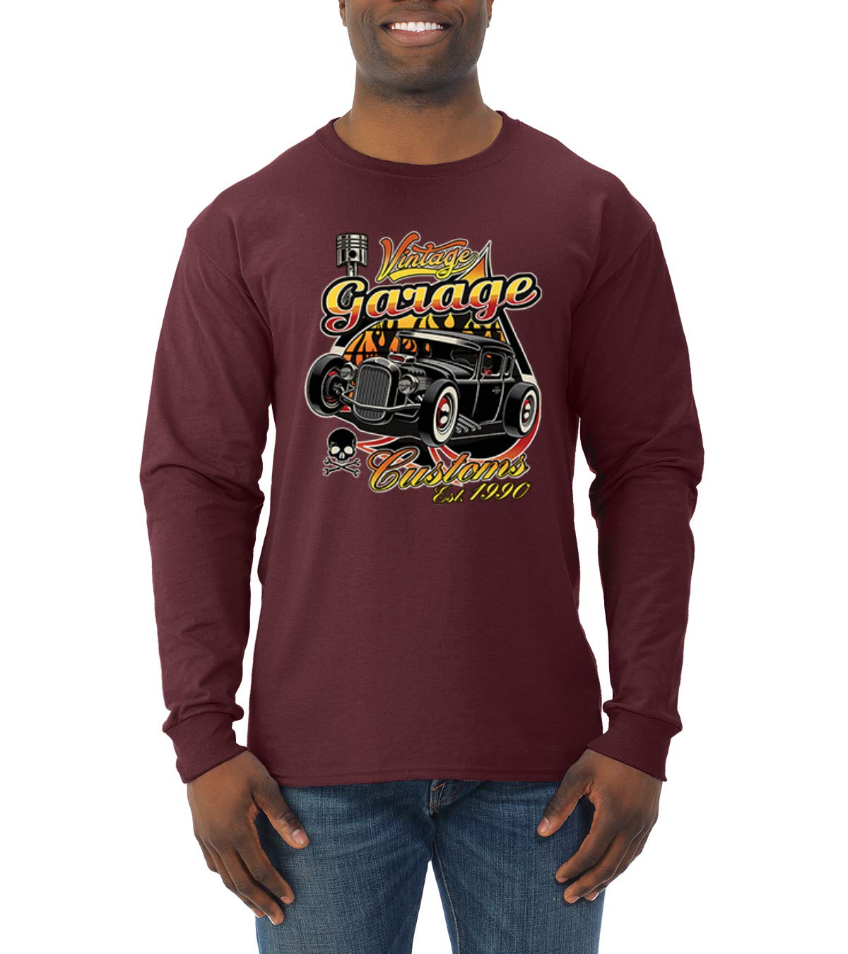 1990 Vintage Garage Customs Hot Rod Classic Car & Truck Long Sleeve Shirt for Men - Retro Automotive Enthusiast Tee for Car Shows, Cruising & Casual Wear