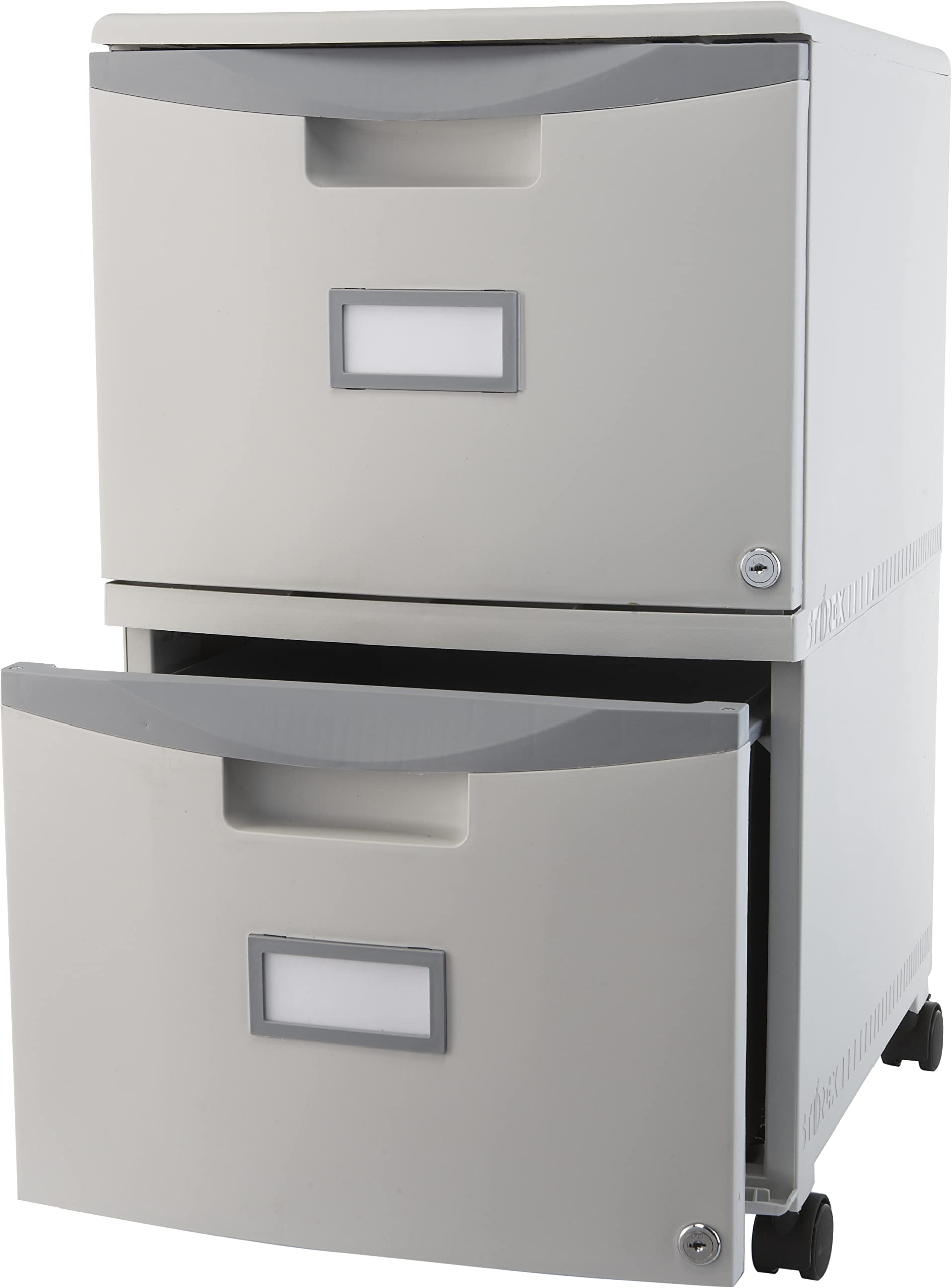 Storex Plastic 2-Drawer File Cabinet with Lock & Wheels - Gray Document Organizer for Home, Office, School (1-Pack) - Perfect for Storing Files, Folders & Office Supplies in Small Spaces
