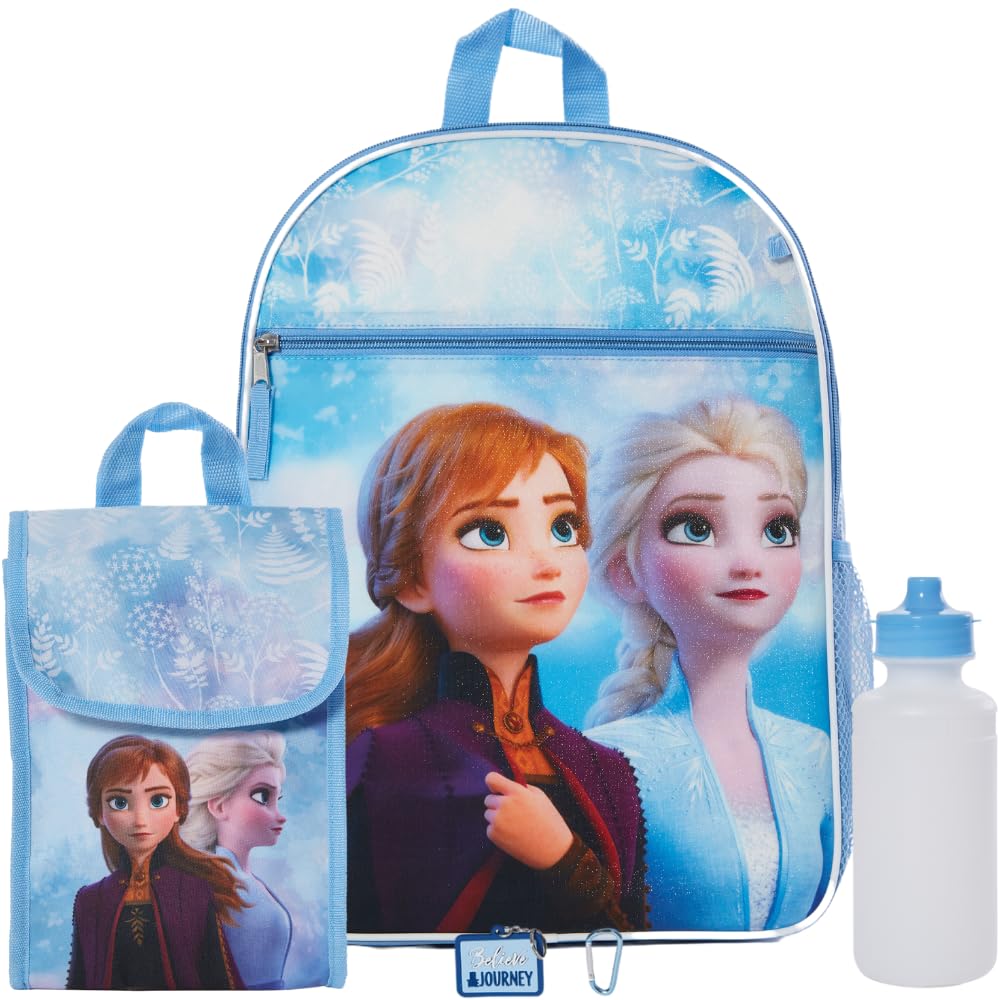 Disney Frozen Kids Backpack Set for Girls - 16 Inch School Backpack with Insulated Lunch Bag & Water Bottle (Blue) - Perfect for School, Travel & Outdoor Adventures