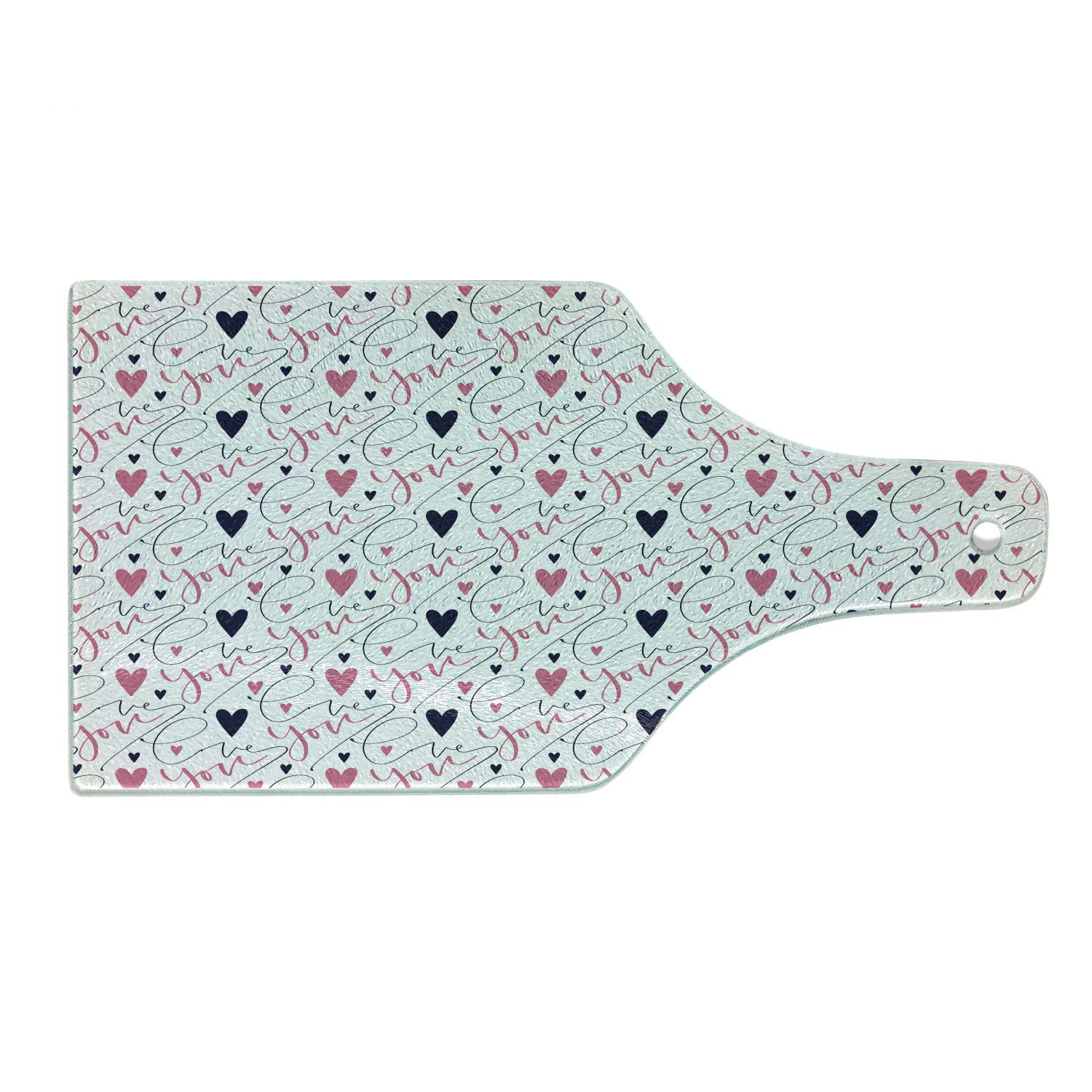 Ambesonne Valentine's Day Wine Bottle Shaped Cutting Board - Romantic Love You Calligraphy with Hearts Design - Tempered Glass Serving Board for Cheese, Charcuterie & Entertaining - Navy Blue & White Dried Rose Decorative Kitchen Gift