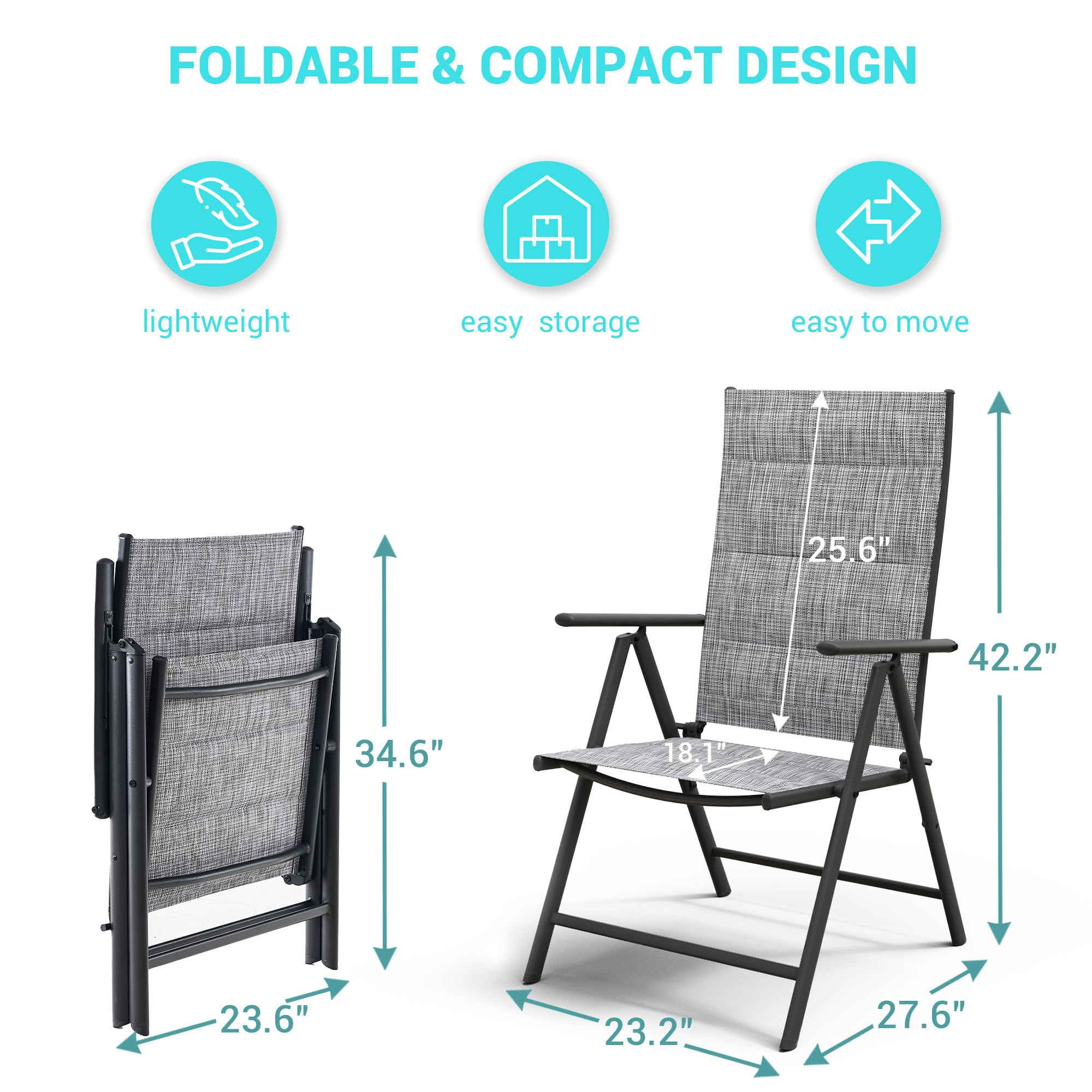 UDPATIO 2-Pack Patio Folding Dining Chairs Set - Steel Frame Outdoor Folding Chairs with Padded Textilene Seat, All-Weather Breathable & Portable Lawn Chairs for Adults - No Assembly Required (Grey White) - Perfect for Backyard, Poolside, Camping & Picnics