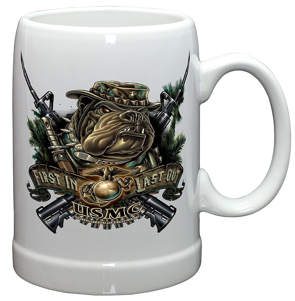 Authentic German Beer Stein - US Marine Corps Gift Set for Men & Women - Devil Dog 'First In Last Out' Stoneware Mug - USMC Logo Beer Glasses (24-Pack, 20oz) - Perfect for Military Appreciation, Veterans Day, Home Bar & Man Cave Decor