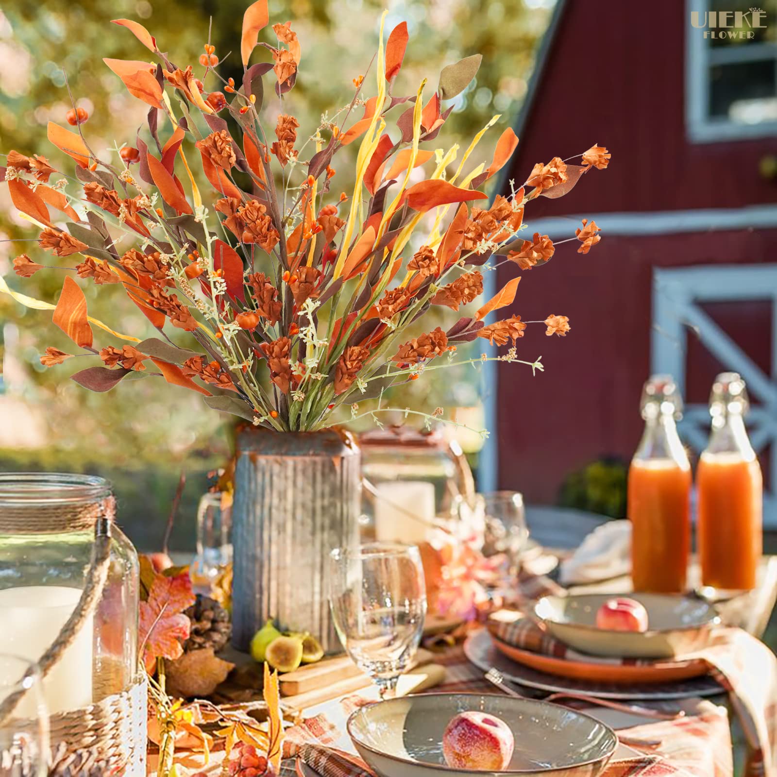 Uieke 2PCS Artificial Fall Flowers Arrangement with Mini Pumpkins - Fake Autumn Leaves Stems for Home Decor, Wedding Bouquets, Thanksgiving Centerpieces - Perfect for Harvest Festival, Fall Weddings & Seasonal Table Decorations