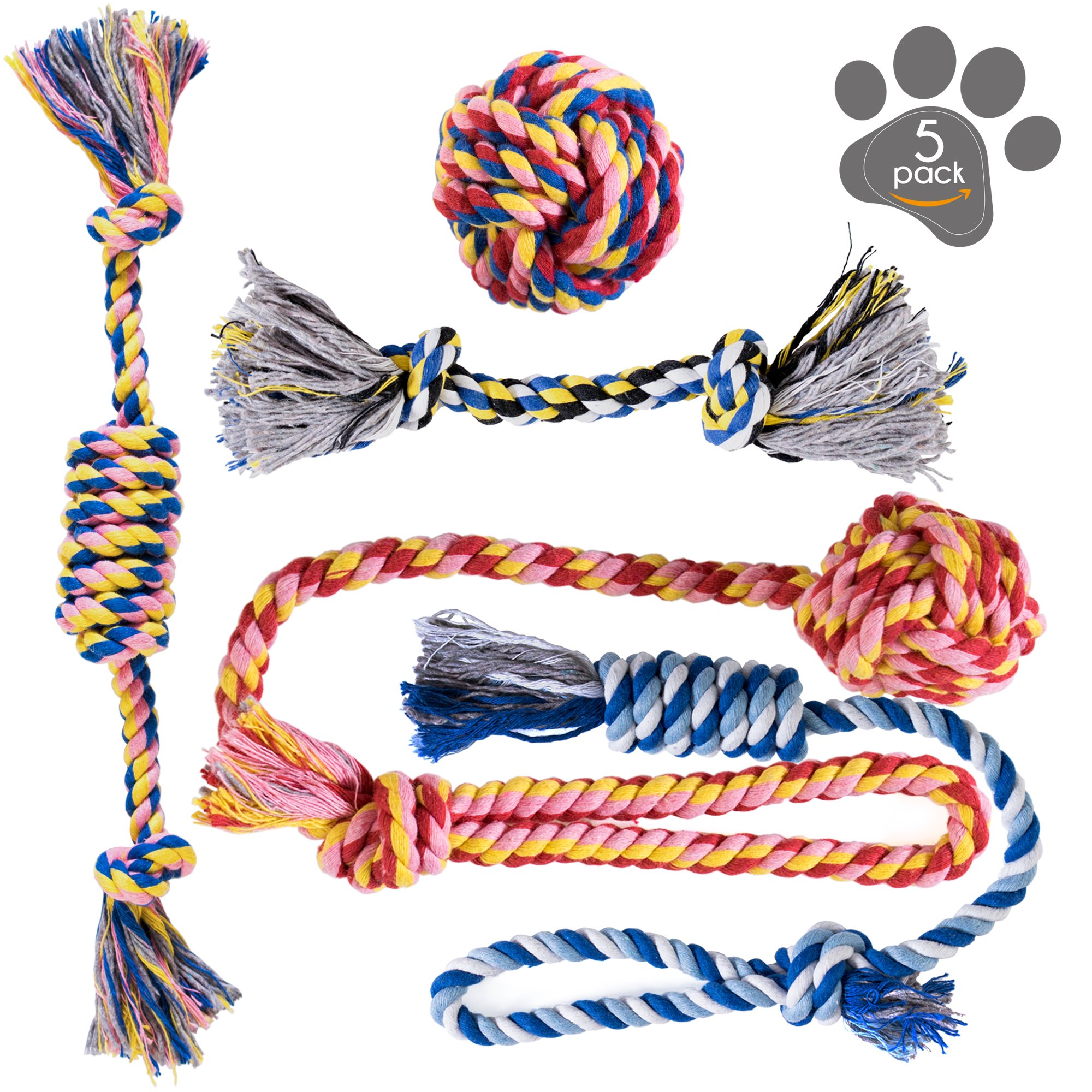 Durable Dog Chew Toys for Puppies & Small Dogs - 5 Pack Cotton Rope Tug & Teething Toys Set - Safe Washable Pet Chewing Toys for Aggressive Chewers - Perfect for Indoor Play, Training & Dental Health