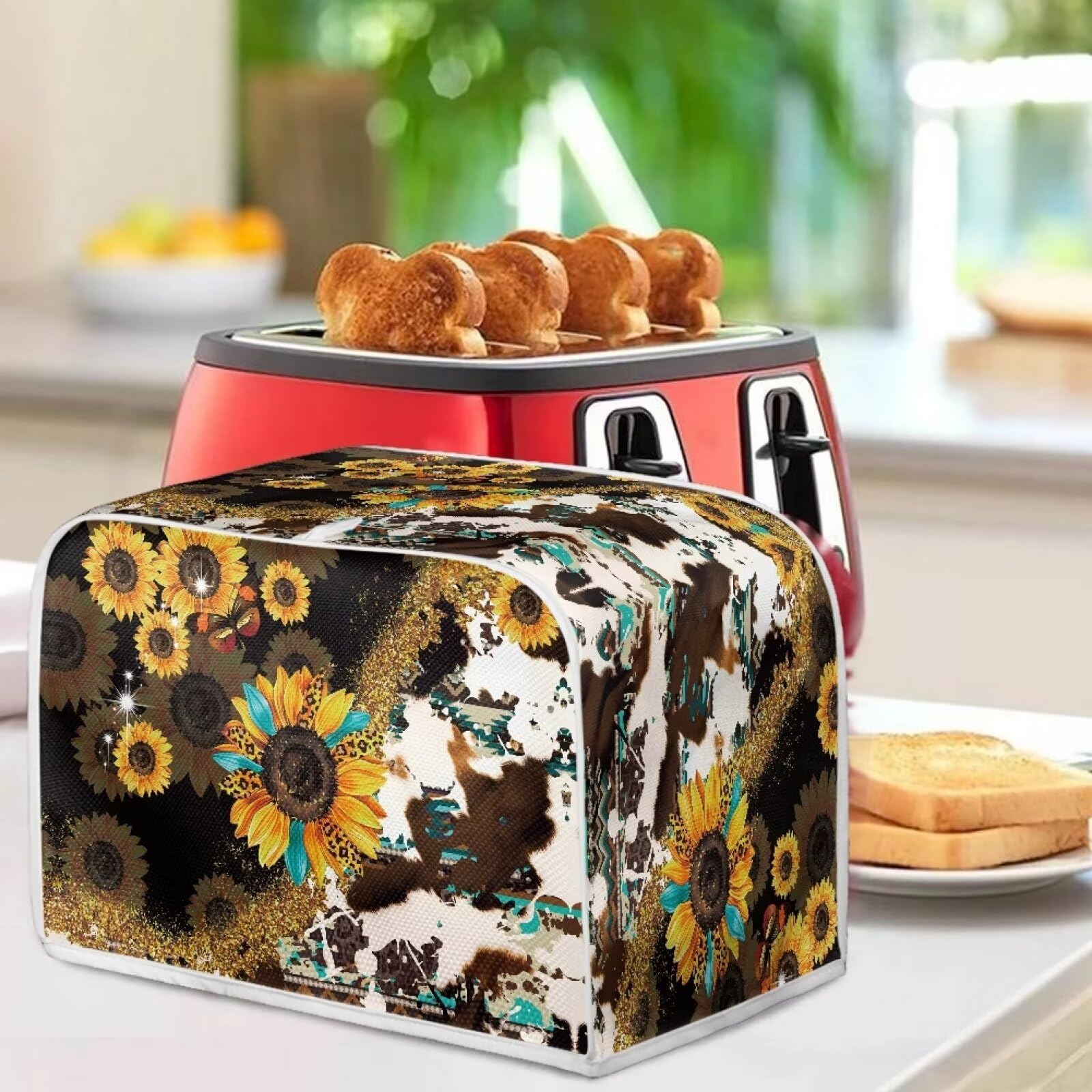 Mumeson Cow Sunflower Toaster Cover for 2 Slice Toaster Oven - Kitchen Appliance Dust Protector for Bread Maker & Small Appliances - Perfect for Farmhouse & Country Style Kitchen Decor