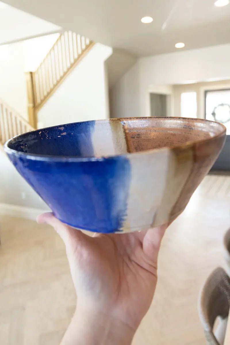XL Decorative Serving Bowl - Handcrafted Copper Finish with Blue & Cream Accents - Perfect for Entertaining, Dining, and Home Decor