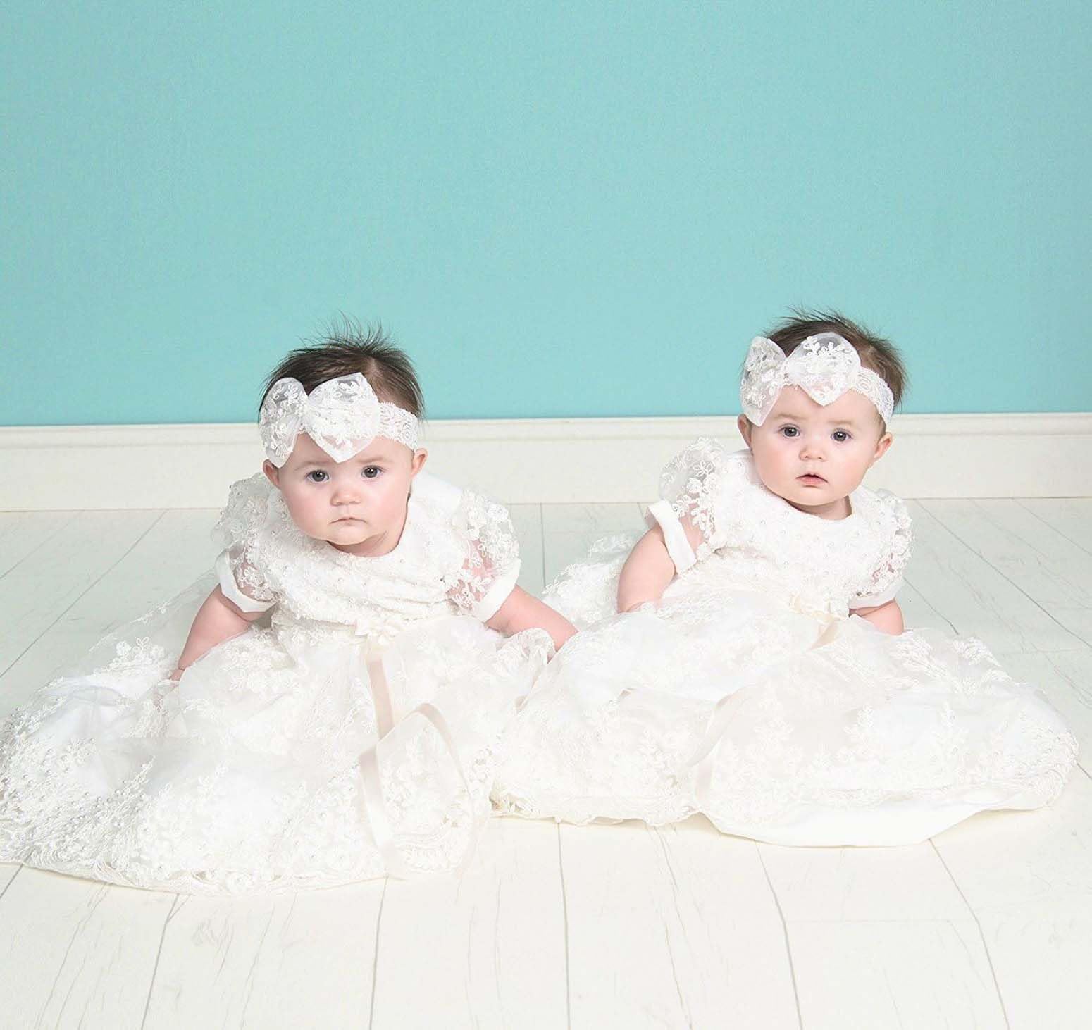 Lace Christening Baptism Dress for Baby Girls - Elegant Long Sleeve Baptism Gown with Headband - Perfect for Christening, Baptism, First Communion & Special Occasions