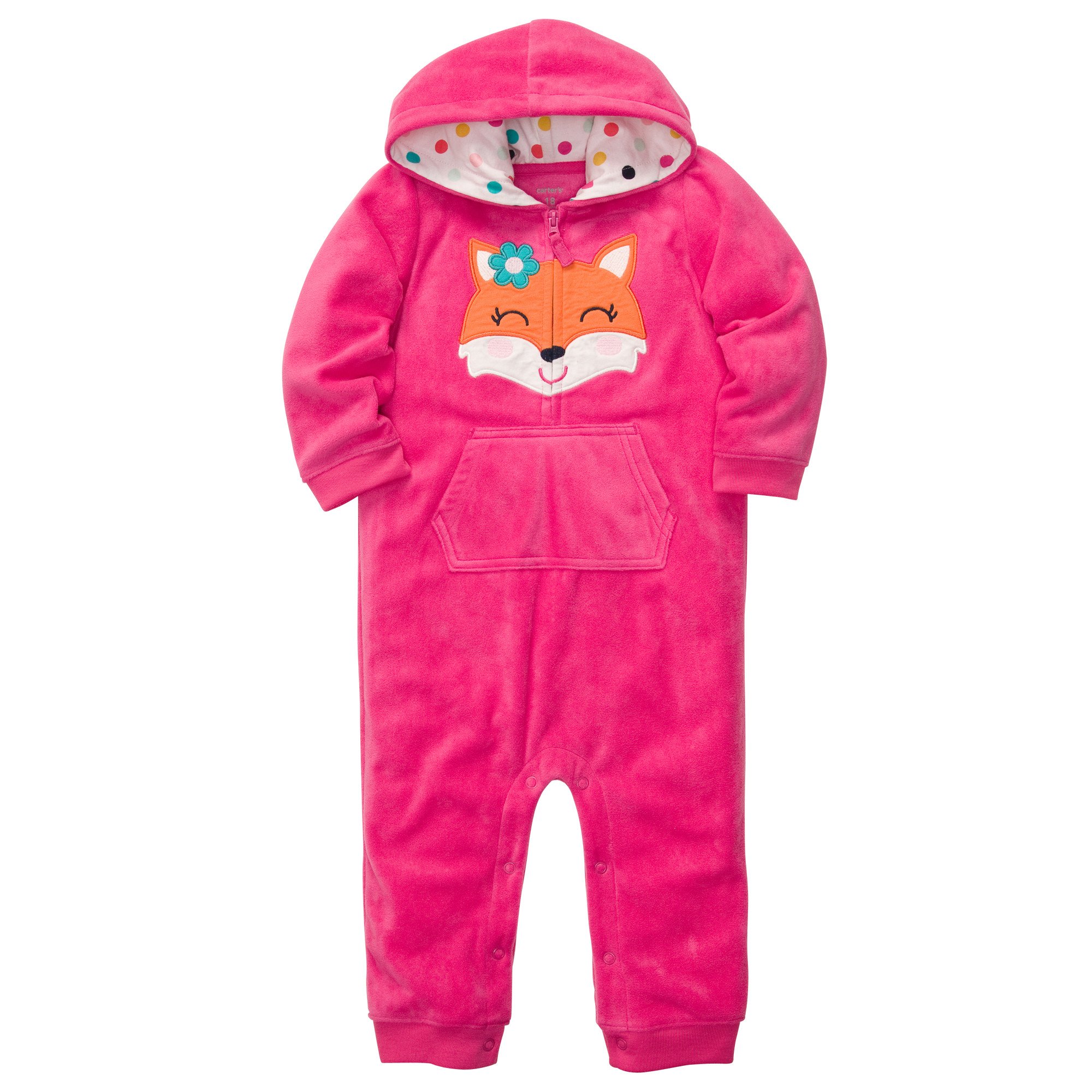 Carters Hooded Microfleece Jumpsuit for Baby Girls - Soft Pink Fox Design - 12 Months Size - Cozy Winter Outfit for Playdates & Family Photos