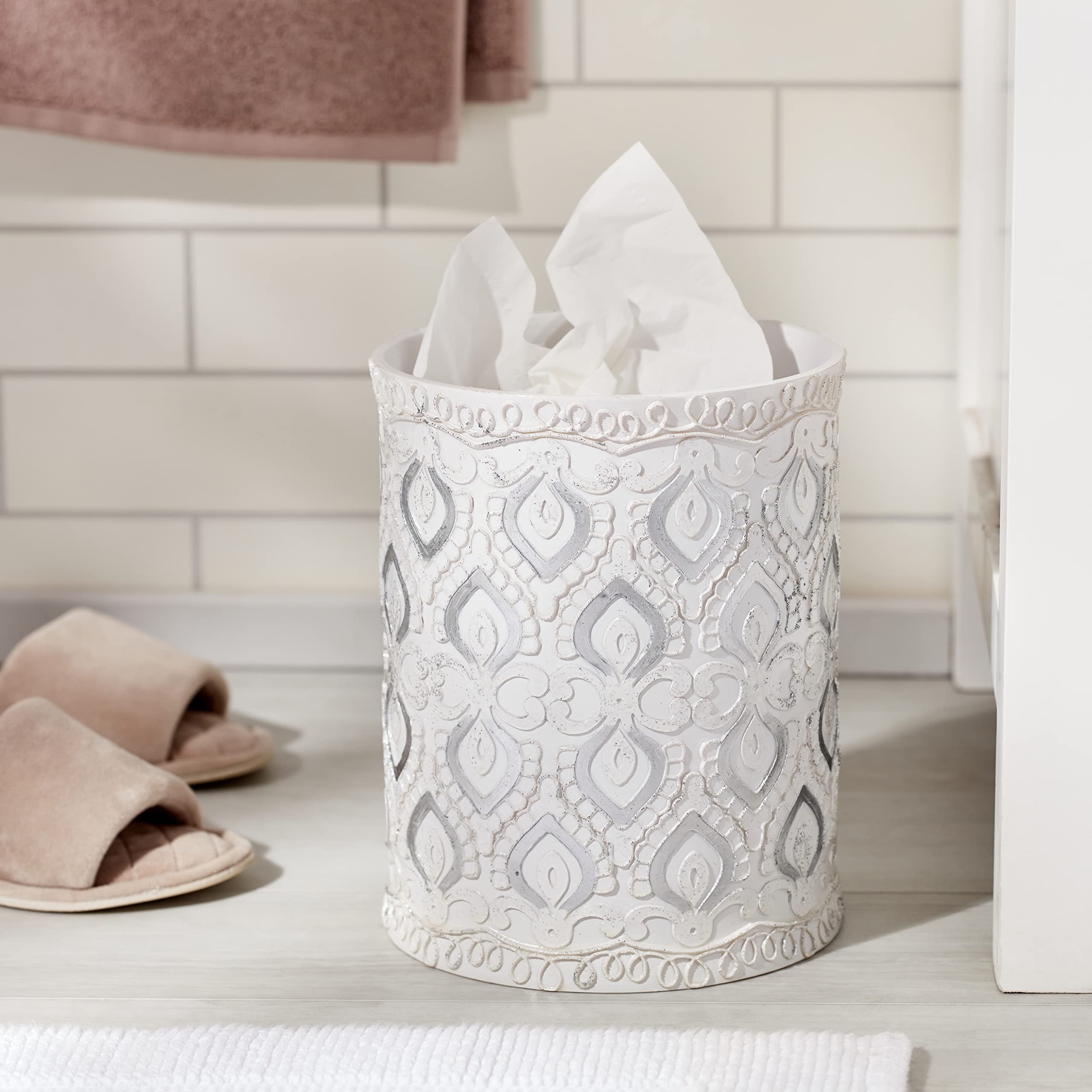 Monaco White Resin Bathroom Trash Can - Open Top Design for Bathroom, Bedroom & Office Waste Disposal