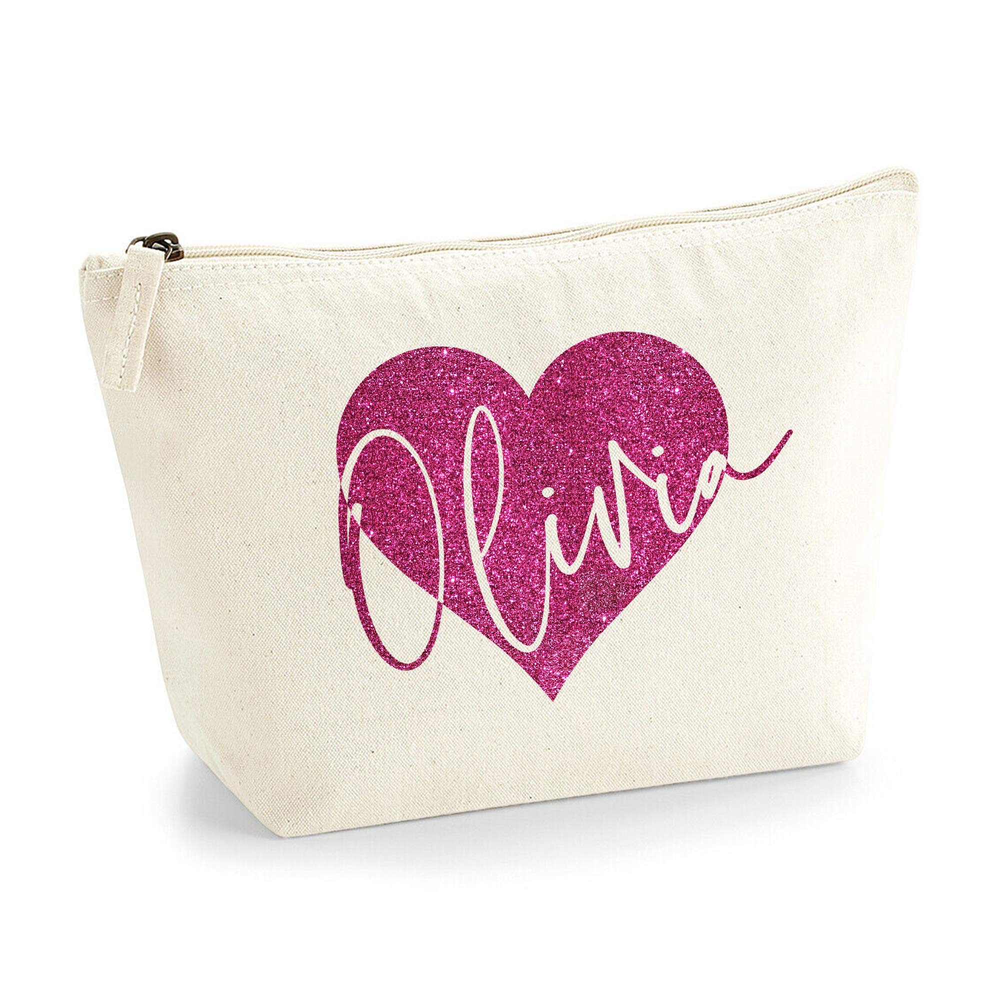 Personalized Heart Initial Makeup Bag - Multi-Purpose Cosmetic Pouch with Custom Name - Medium Size Natural Pink Glitter Organizer for Travel, Gym & Daily Essentials