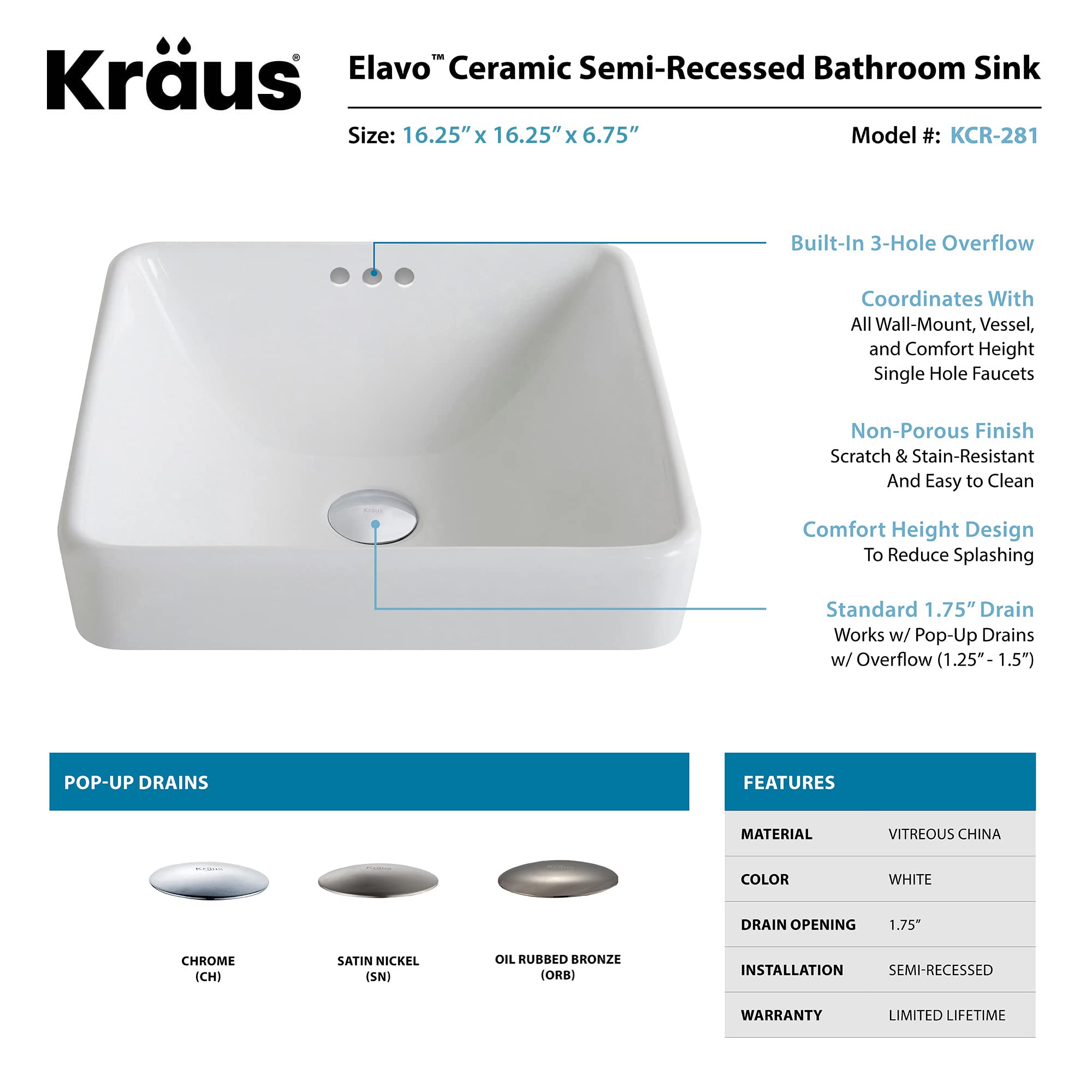 Kraus KCR-281-BN Modern Ceramic Square Semi-Recessed Bathroom Sink with Overflow & Pop-Up Drain - Brushed Nickel/White 16.25