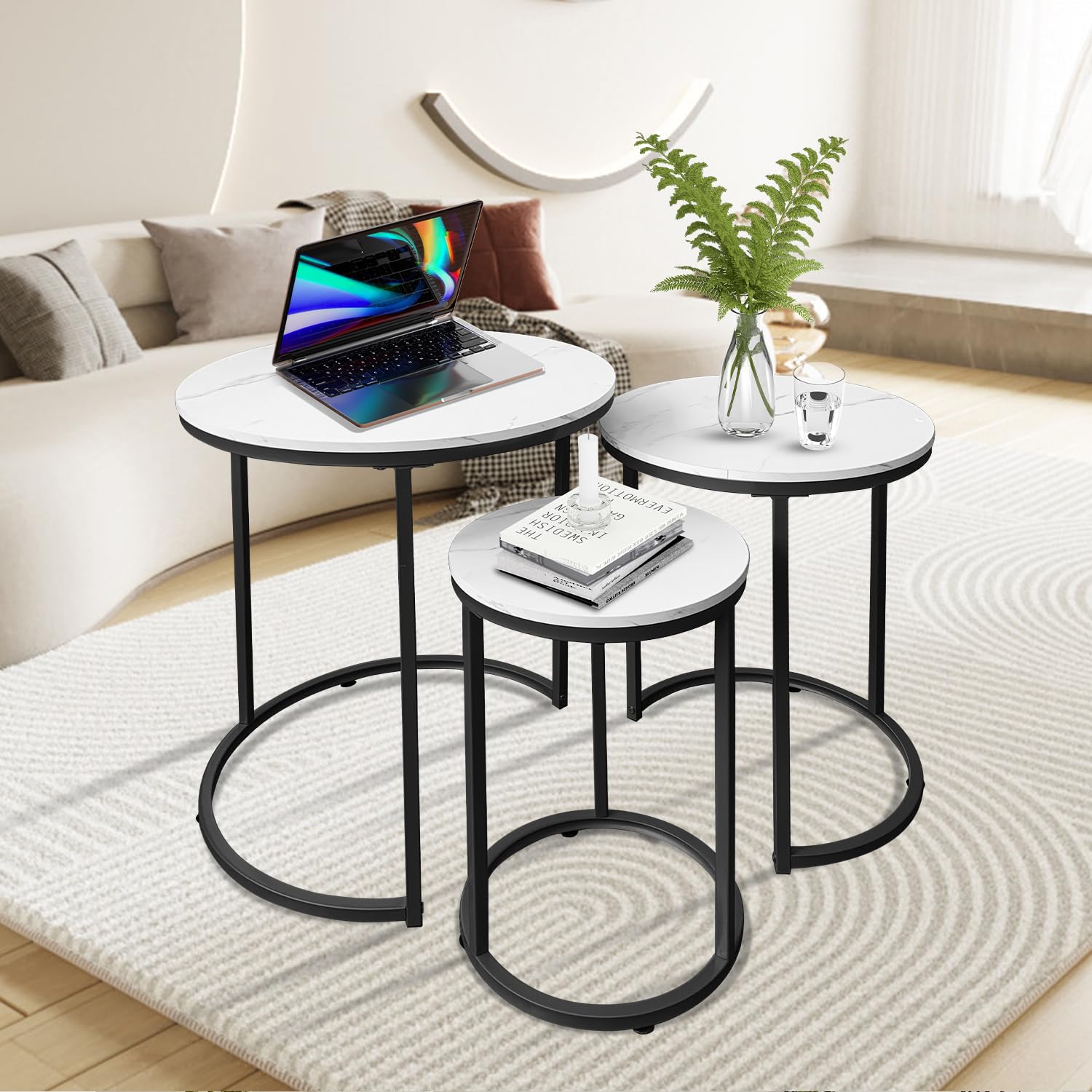 AT-VALY 3-Piece Round Nesting Coffee Table Set - Small Accent Side Tables for Living Room, Bedroom & Apartment (Black) | Space-Saving Modern Furniture for Small Spaces, Home Decor & Coffee Table Styling