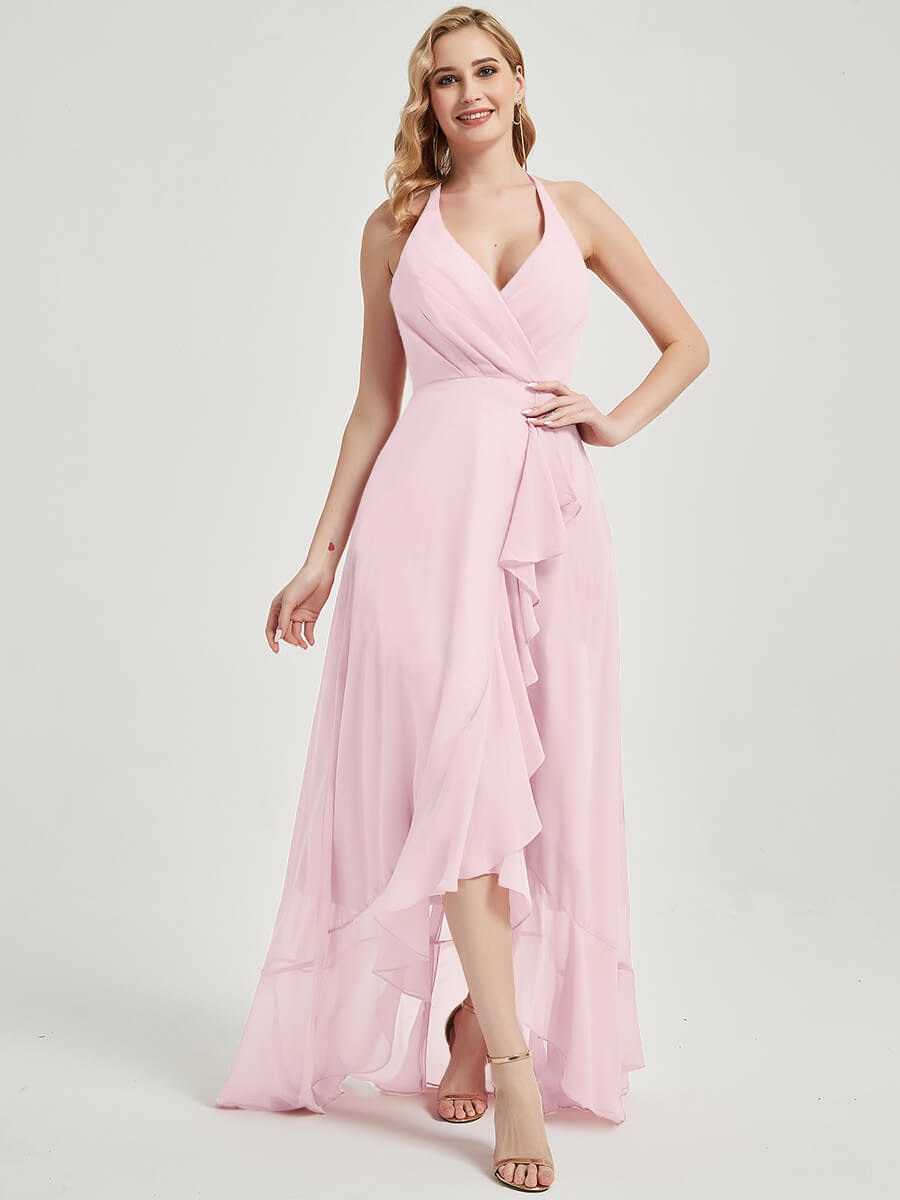 Elegant Blush Halter V-Neck Backless High-Low Maxi Chiffon Bridesmaid Dress for Weddings & Formal Events - Perfect for Beach, Garden & Evening Celebrations