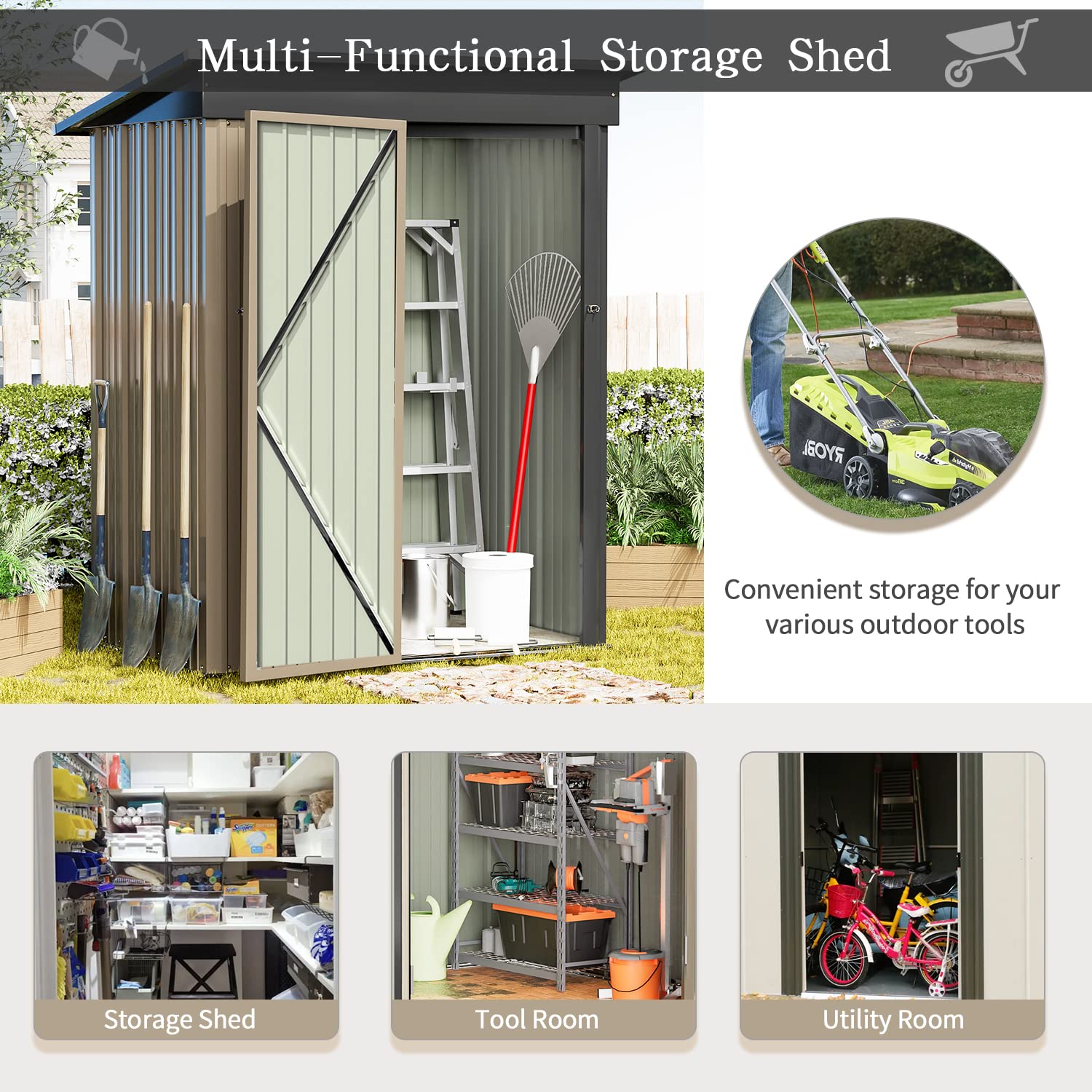 Greesum 5FT x 3FT Metal Outdoor Storage Shed - Heavy Duty Steel Utility Tool Shed with Lockable Door for Backyard, Garden, Patio & Lawn Organization (5' x 3', Brown) - Perfect for Storing Lawn Mowers, Gardening Tools & Outdoor Equipment