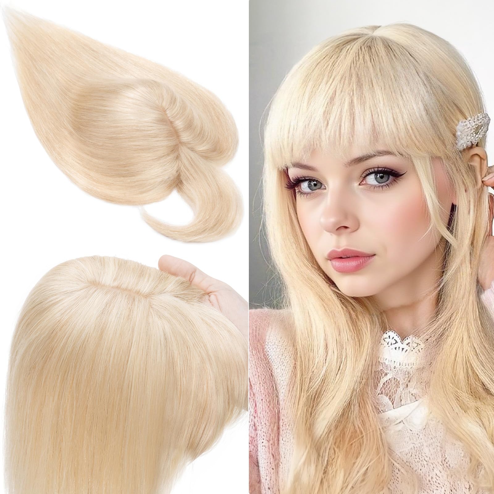 SEGO 100% Real Human Hair Toppers with Bangs - Silk Base 150% Density Clip-in Hairpiece for Women (2.7”x5.1”) - Thinning Hair & Hair Loss Solution, Gray Hair Cover - Perfect for Daily Wear, Special Occasions & Confidence Boost