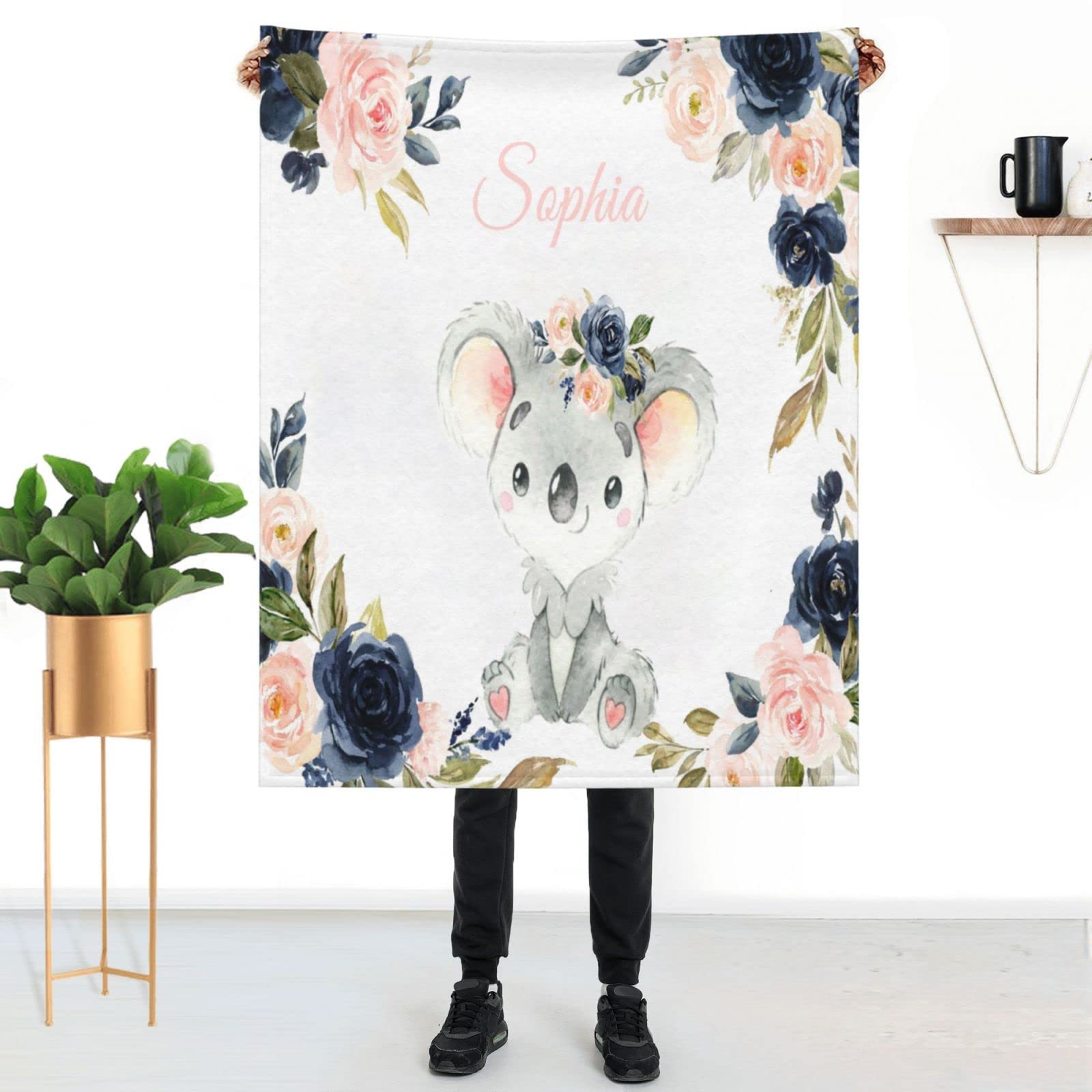 Custom Personalized Baby Blankets with Name - Elephant Woodland & Sunflower Crown Designs for Newborn Boys and Girls | Perfect for Nursery, Christening Gifts & Photo Props (Kola2)