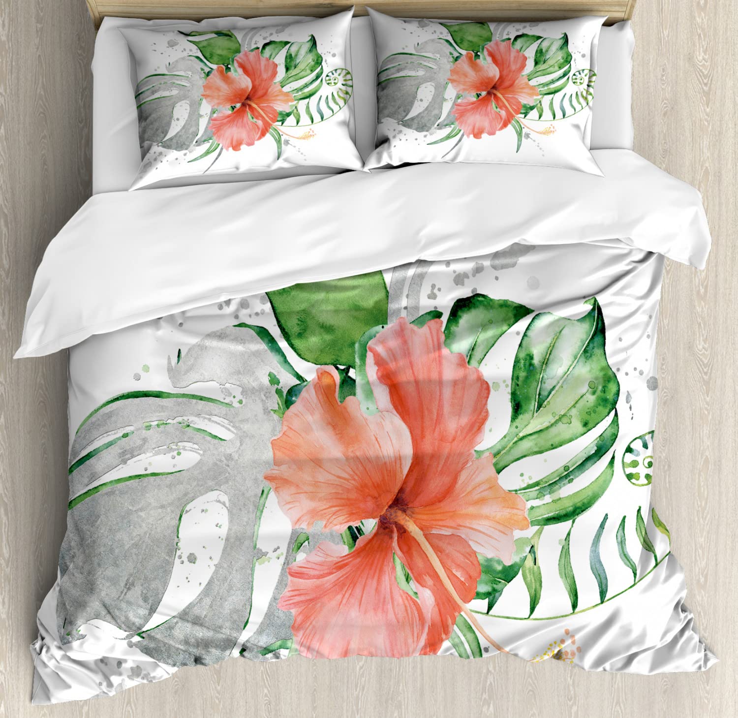 Ambesonne Hibiscus Duvet Cover Set - King Size 2-Pack with 4 Pillowcases, Grunge Watercolor Tropical Flower Design in Burnt Sienna Dust - Perfect for Bohemian & Coastal Bedroom Decor