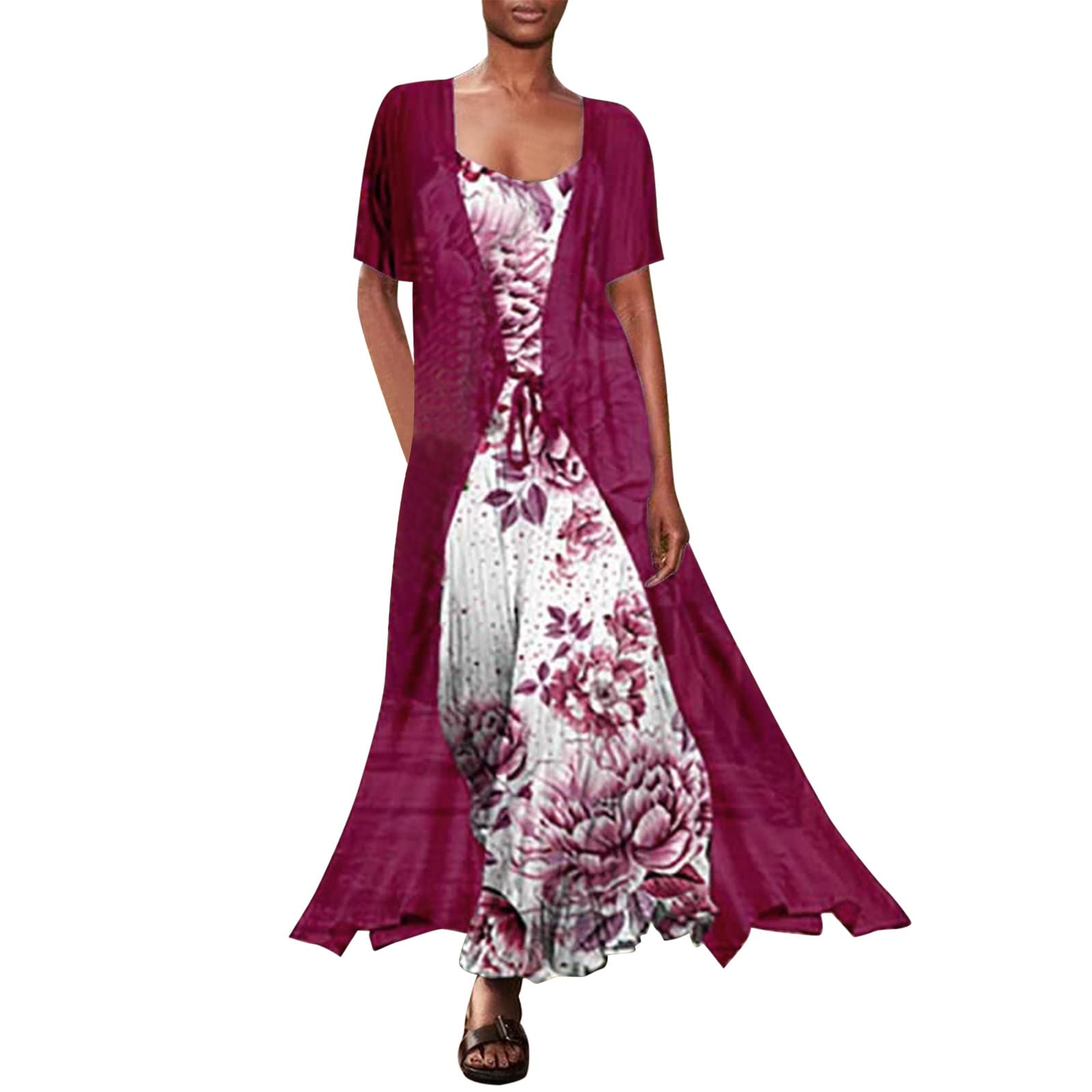 Women's Summer Casual Loose Print Dress with Sling & Belt - Round Neck Short Sleeve Tulle Cardigan Two-Piece Set | Perfect for Beach Vacation, Brunch Dates & Summer Outings