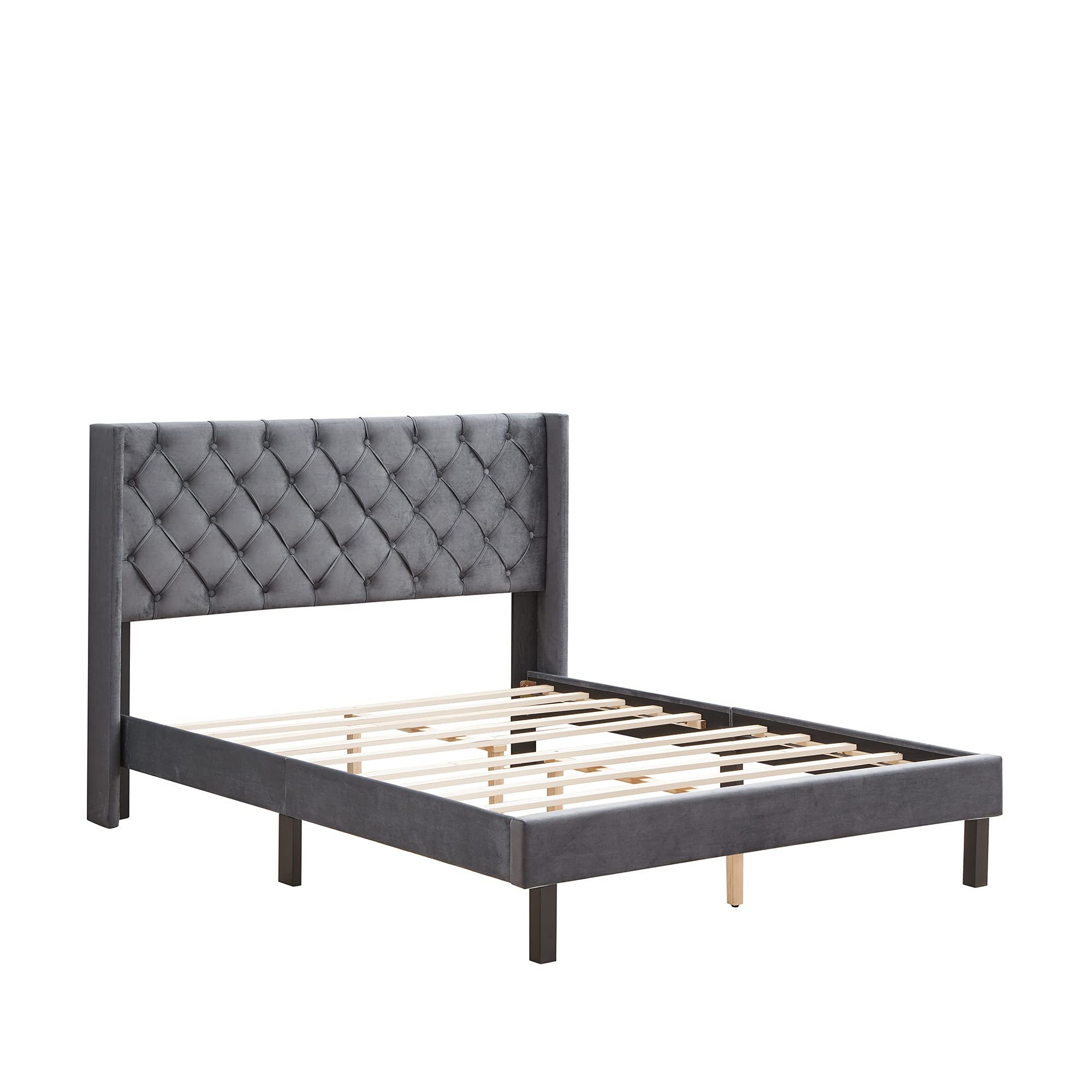 KLMM Queen Size Upholstered Bed Frame with Wooden Slat Support - Classic Diamond Stitched Button Tufted Headboard, Charcoal Gray Velvet Upholstery, Linen Fabric Platform Bed - Perfect for Master Bedroom, Guest Room & Modern Home Decor