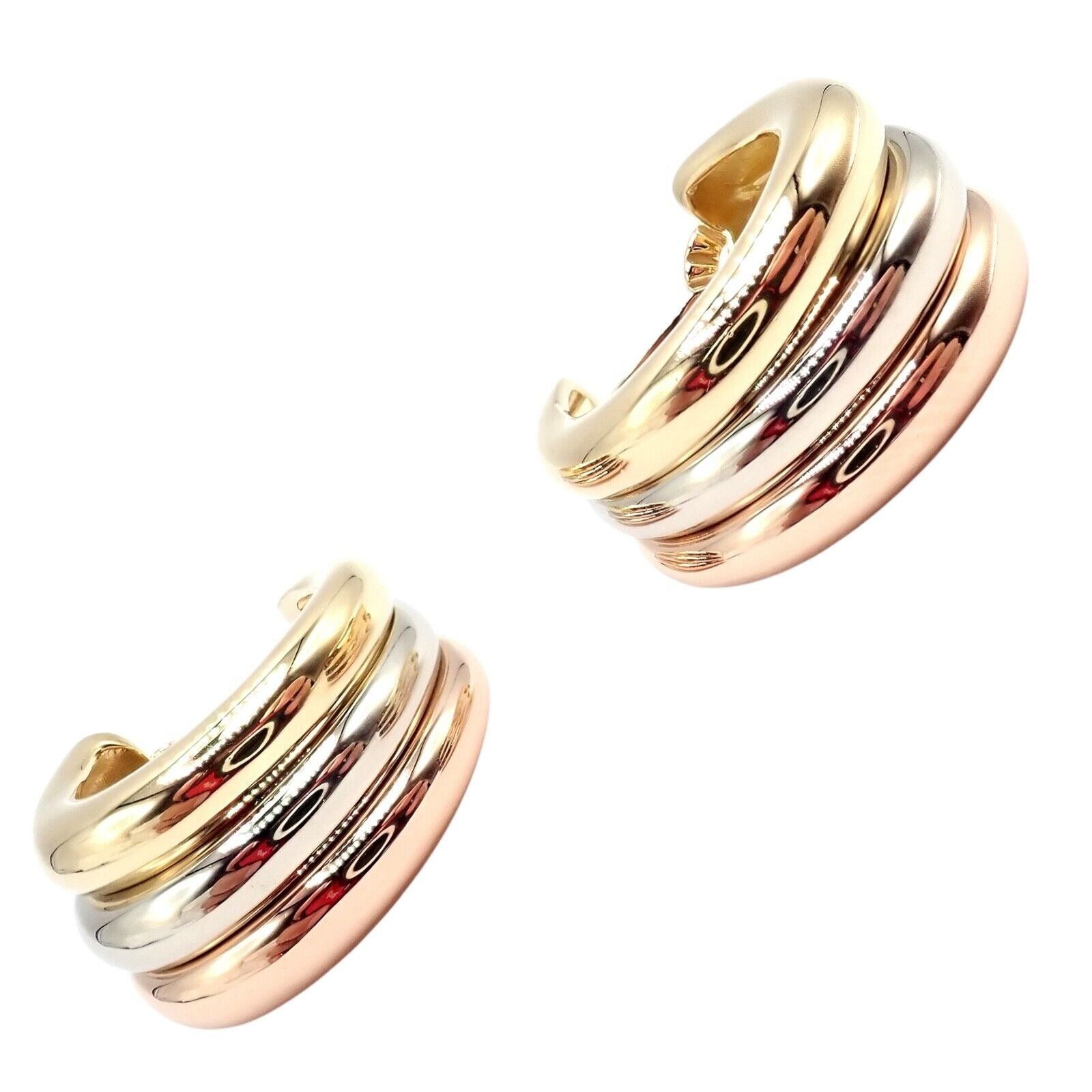 Authentic Cartier 18k Tri-Color Gold Large Trinity Huggie Hoop Earrings - Luxury Jewelry for Women, Perfect for Parties, Weddings & Special Occasions