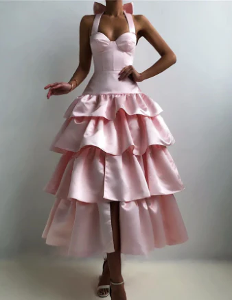 Elegant Halter A-Line Satin Prom Dress with Layered Skirt - Formal Evening Gown for Homecoming, Wedding Party & Special Occasions (Style J4967)