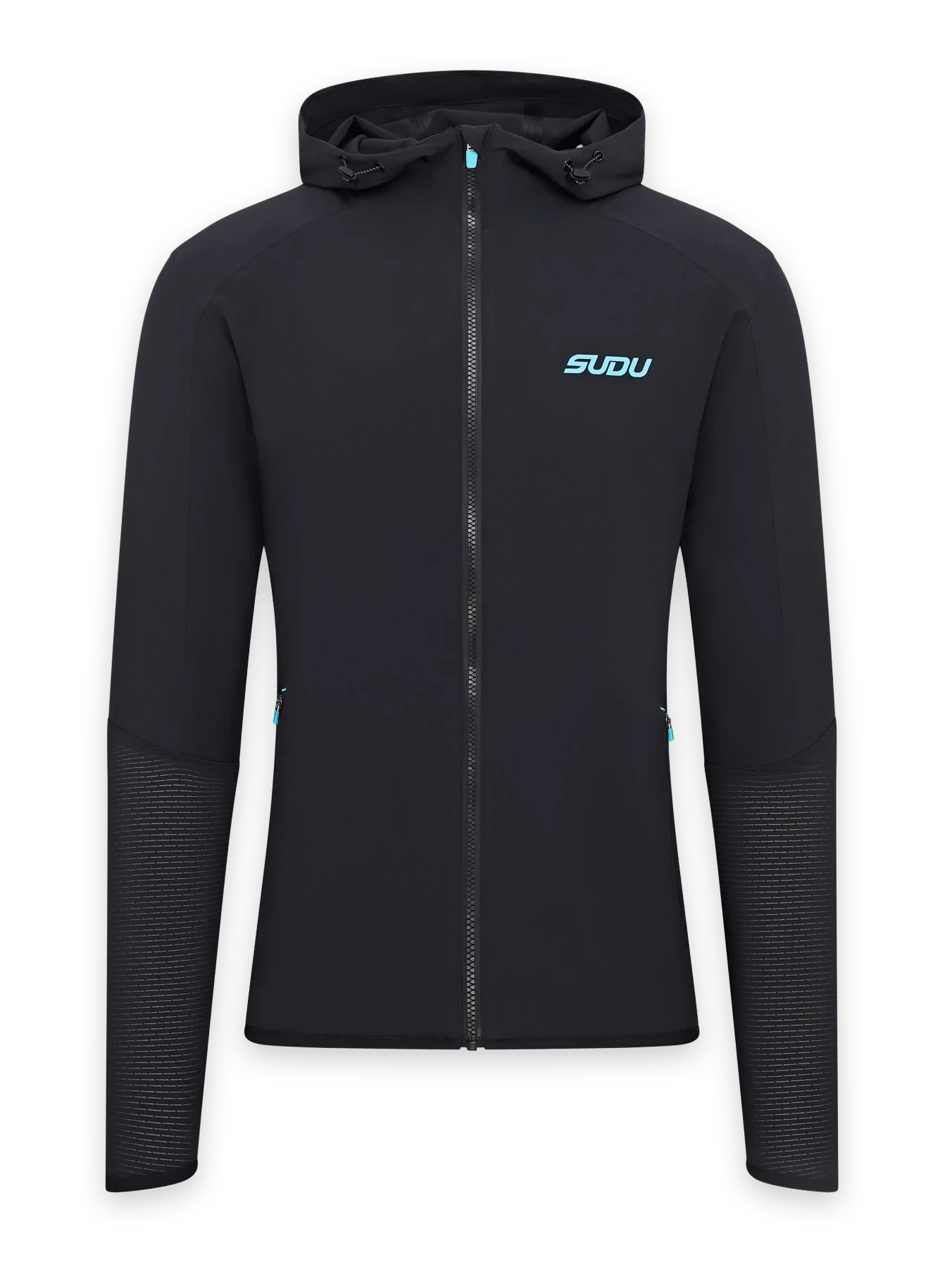 SRJ FZ 01 Full Zip Jacket for Men & Women - Lightweight Windbreaker with Hood, Black/Light Blue - Perfect for Outdoor Sports, Hiking & Casual Wear