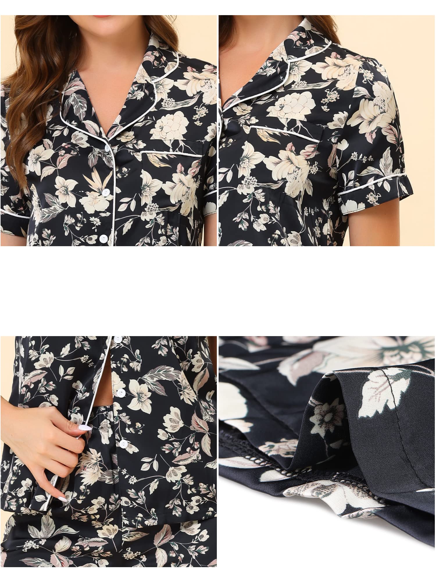 Cheibear Women's Satin Floral Summer Pajama Set - Short Sleeve Button Down Top & Lounge Pants for Sleepwear, Loungewear & Vacation Comfort
