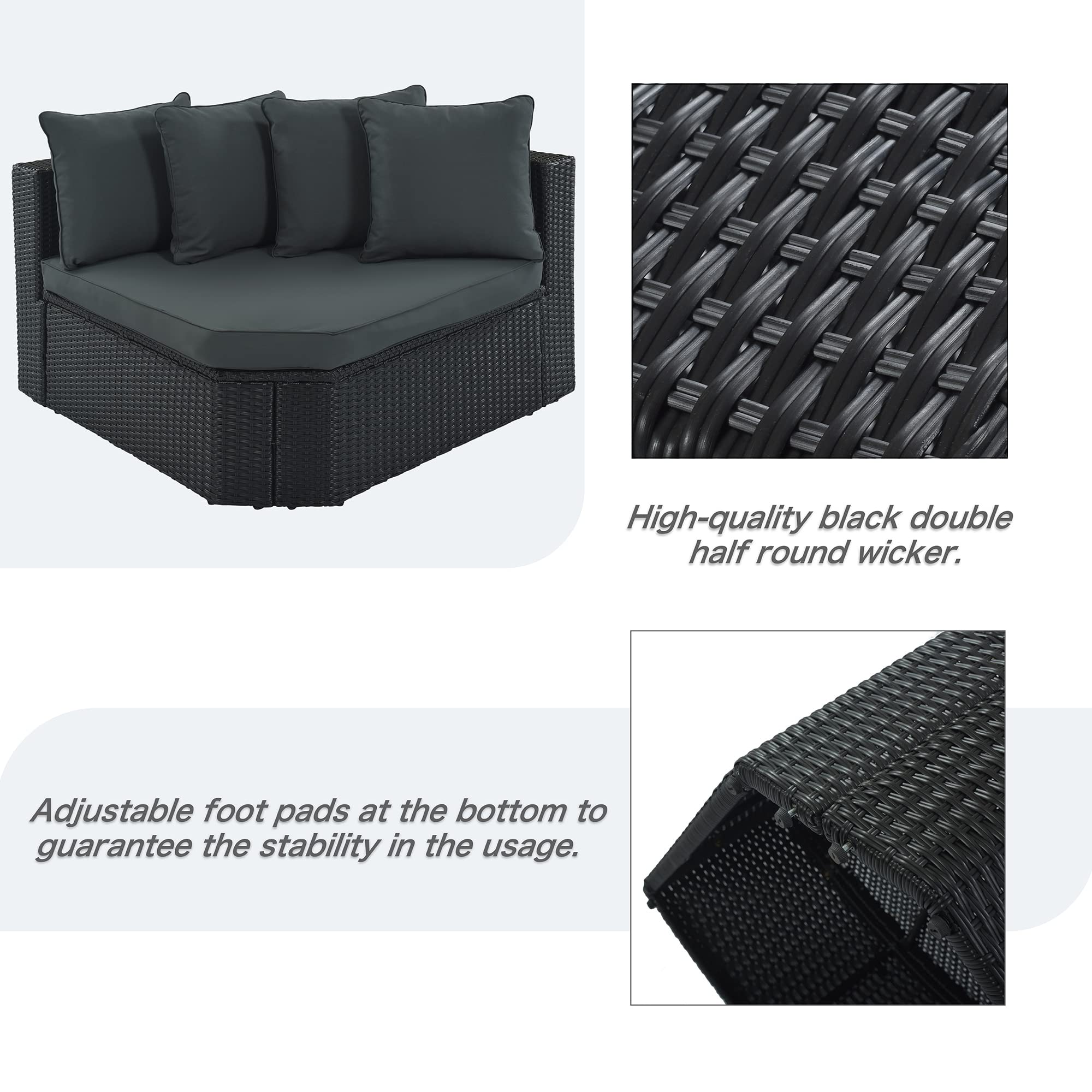 7-Piece Patio Furniture Set Outdoor Wicker Sofa with Coffee Table & Striped Green Pillows - Grey Rattan Conversation Set for Garden, Poolside, and Backyard Relaxation