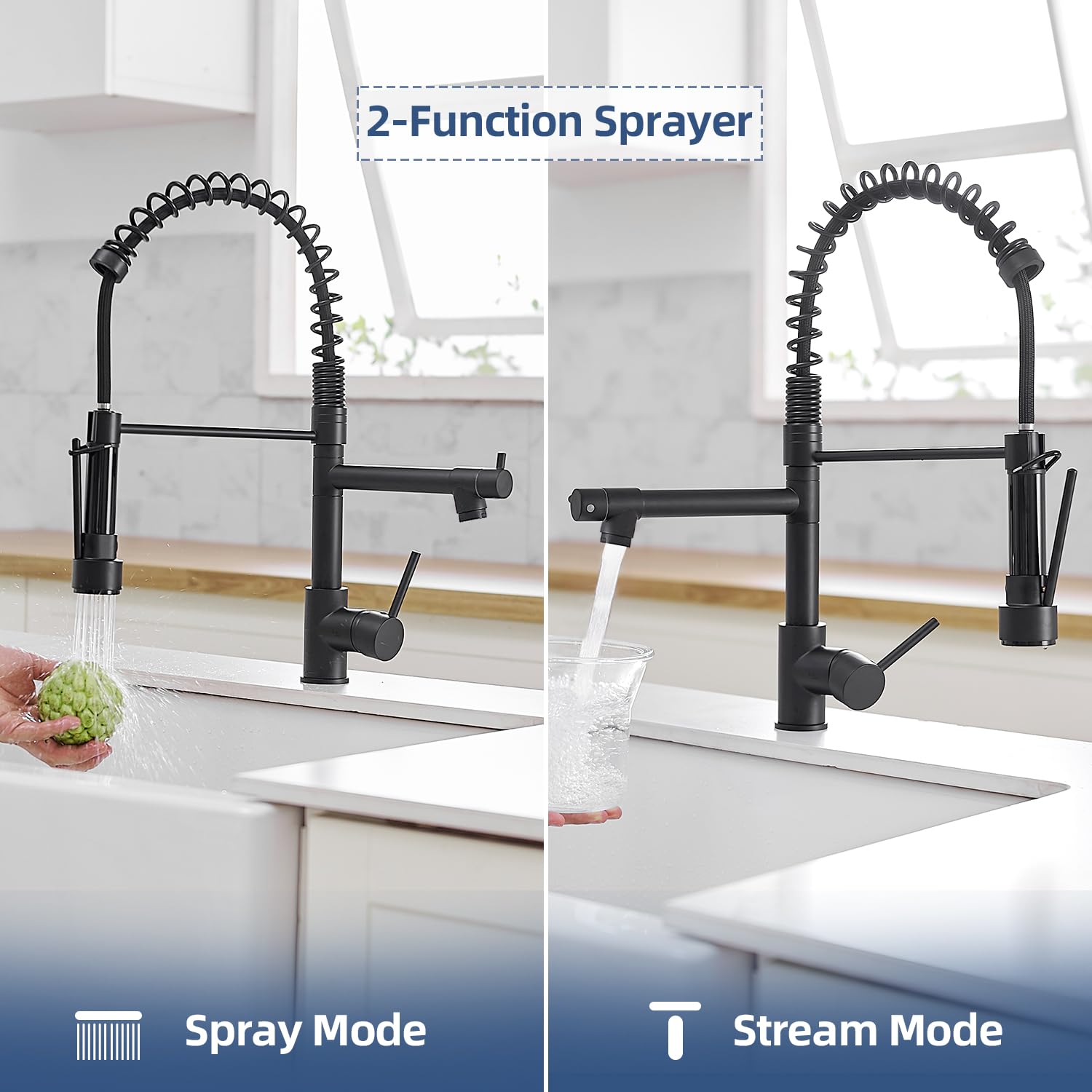 OWOFAN Contemporary Black Stainless Steel Single Handle Kitchen Sink Faucet with Pull Down Sprayer, Dual Outlet Design with Deck Plate for Modern Home Cooking and Cleaning