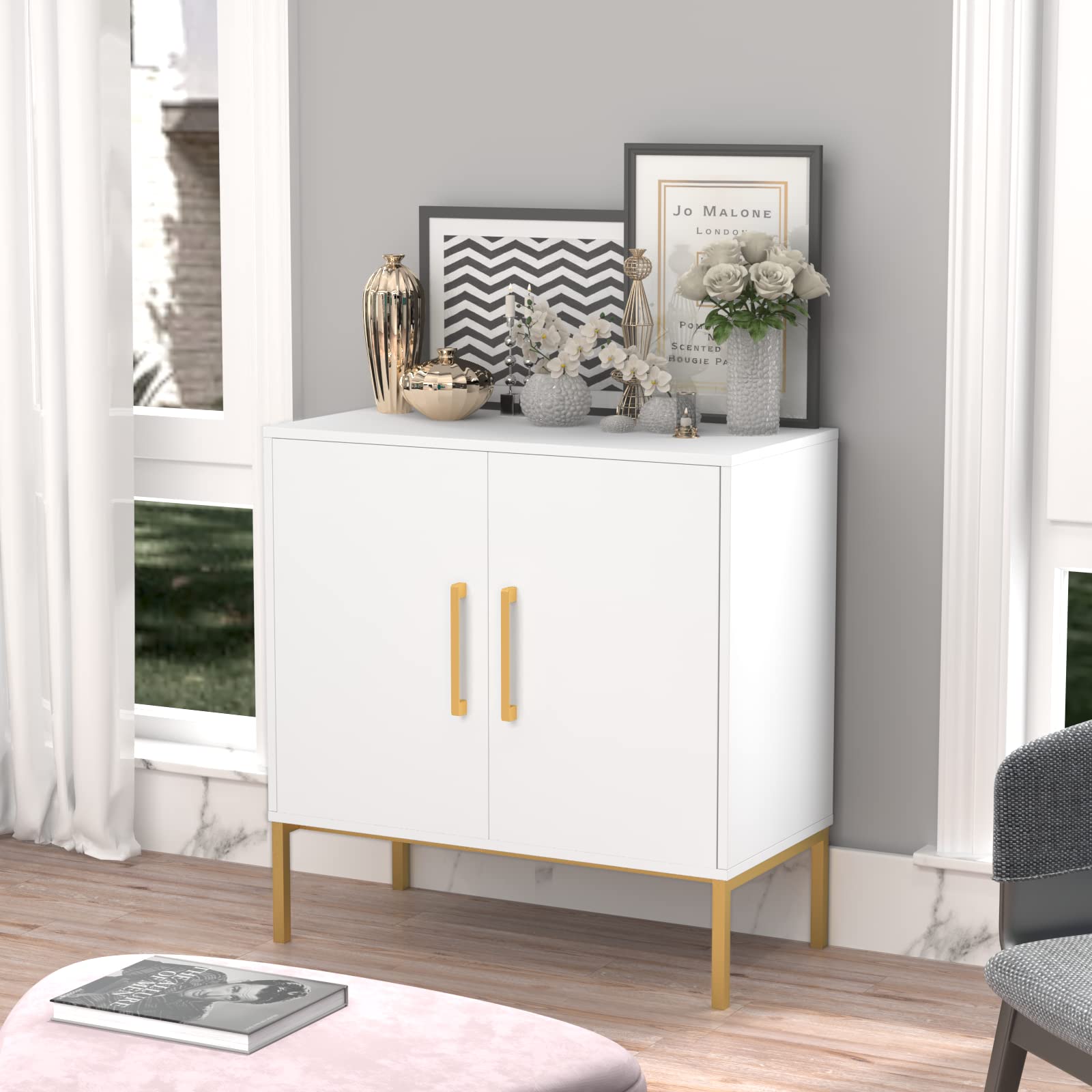 White Sideboard Buffet Cabinet with 2 Doors & Adjustable Shelves - Dining Room Storage, Hallway Accent Furniture for Home Organization & Decor