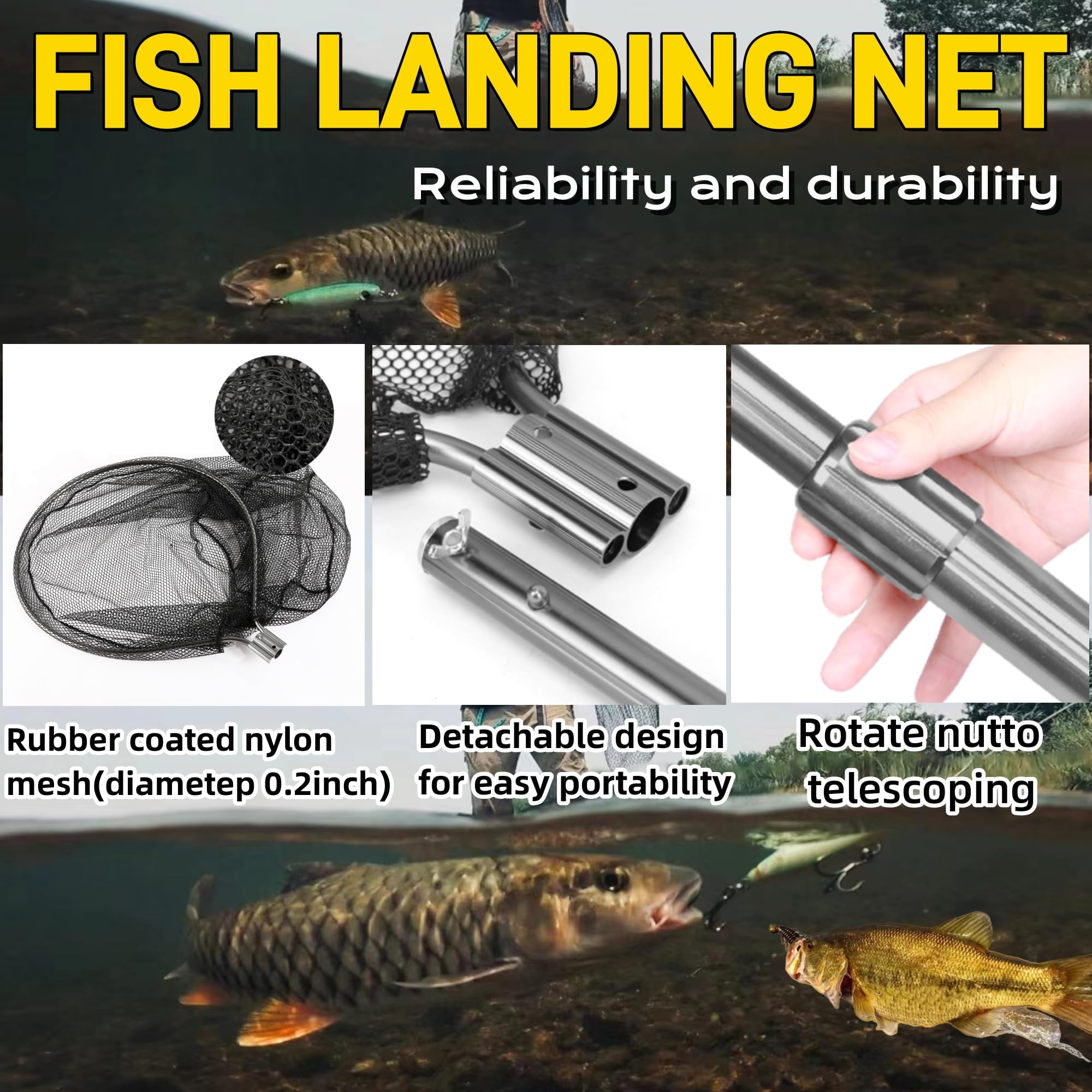 Heavy Duty Extra Large Rubber Fishing Net with Telescoping Handle (67-100 Inch) - Saltwater Landing Net with 20